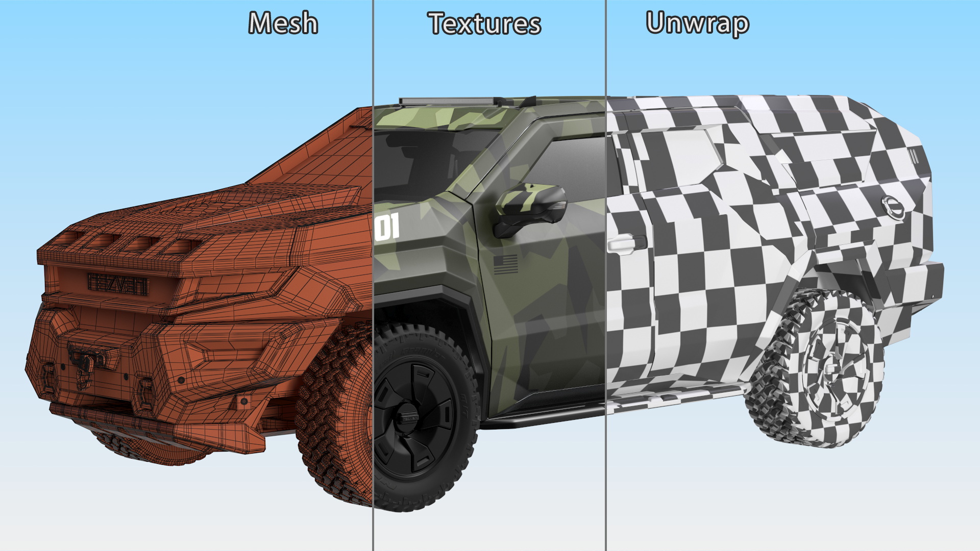 3D 2023 Rezvani Vengeance Armored SUV Camouflage Colored Lights Off Rigged