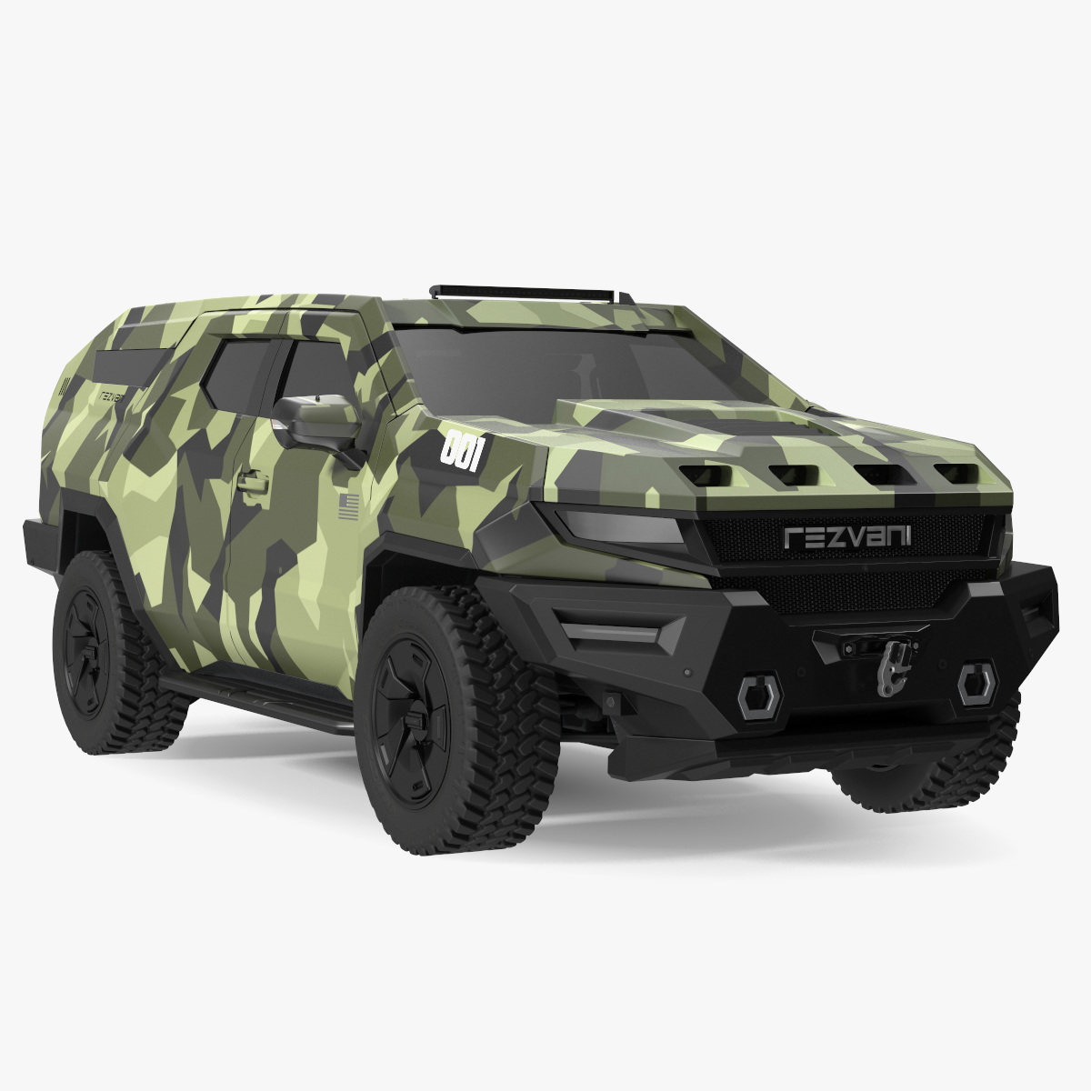 3D 2023 Rezvani Vengeance Armored SUV Camouflage Colored Lights Off Rigged