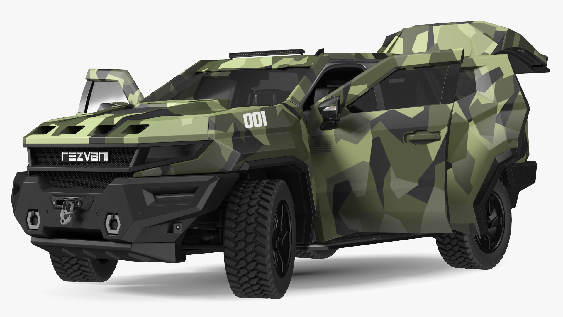 3D 2023 Rezvani Vengeance Armored SUV Camouflage Colored Lights Off Rigged