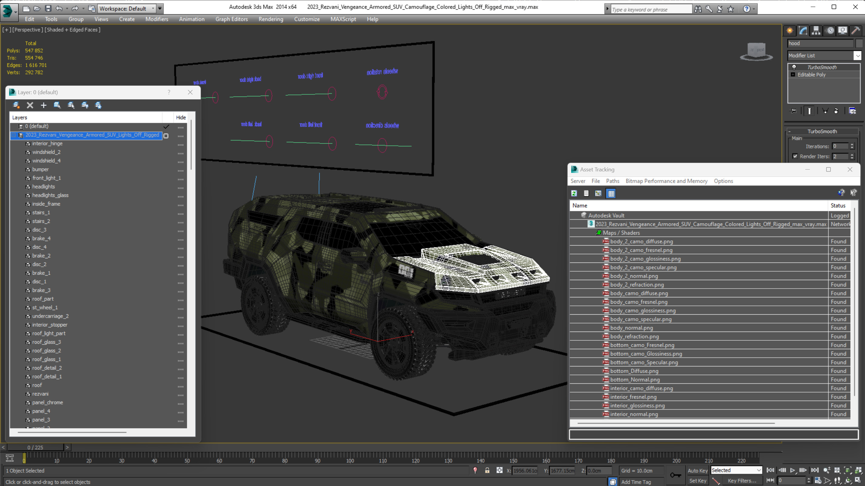 3D 2023 Rezvani Vengeance Armored SUV Camouflage Colored Lights Off Rigged