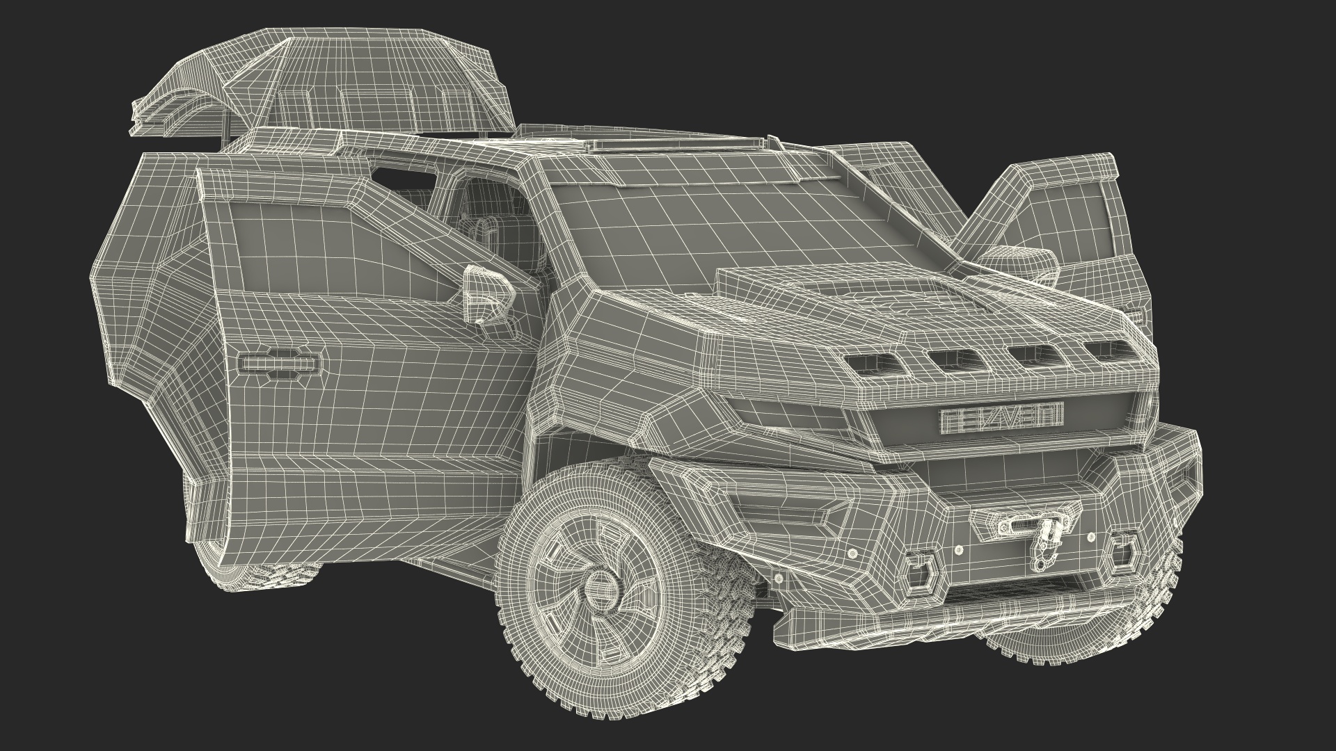 3D 2023 Rezvani Vengeance Armored SUV Camouflage Colored Lights Off Rigged