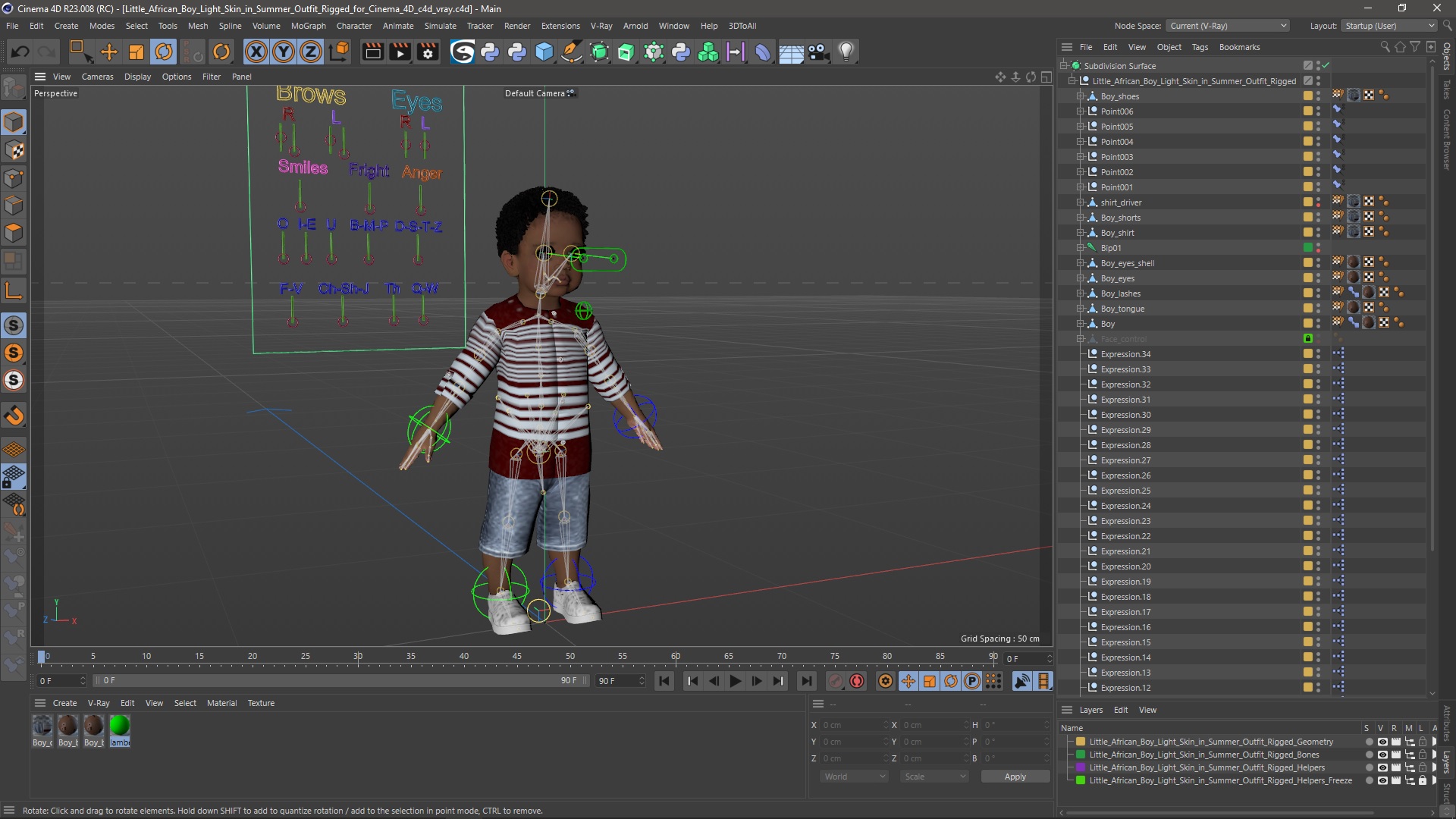 Little African Boy Light Skin in Summer Outfit Rigged for Cinema 4D 3D