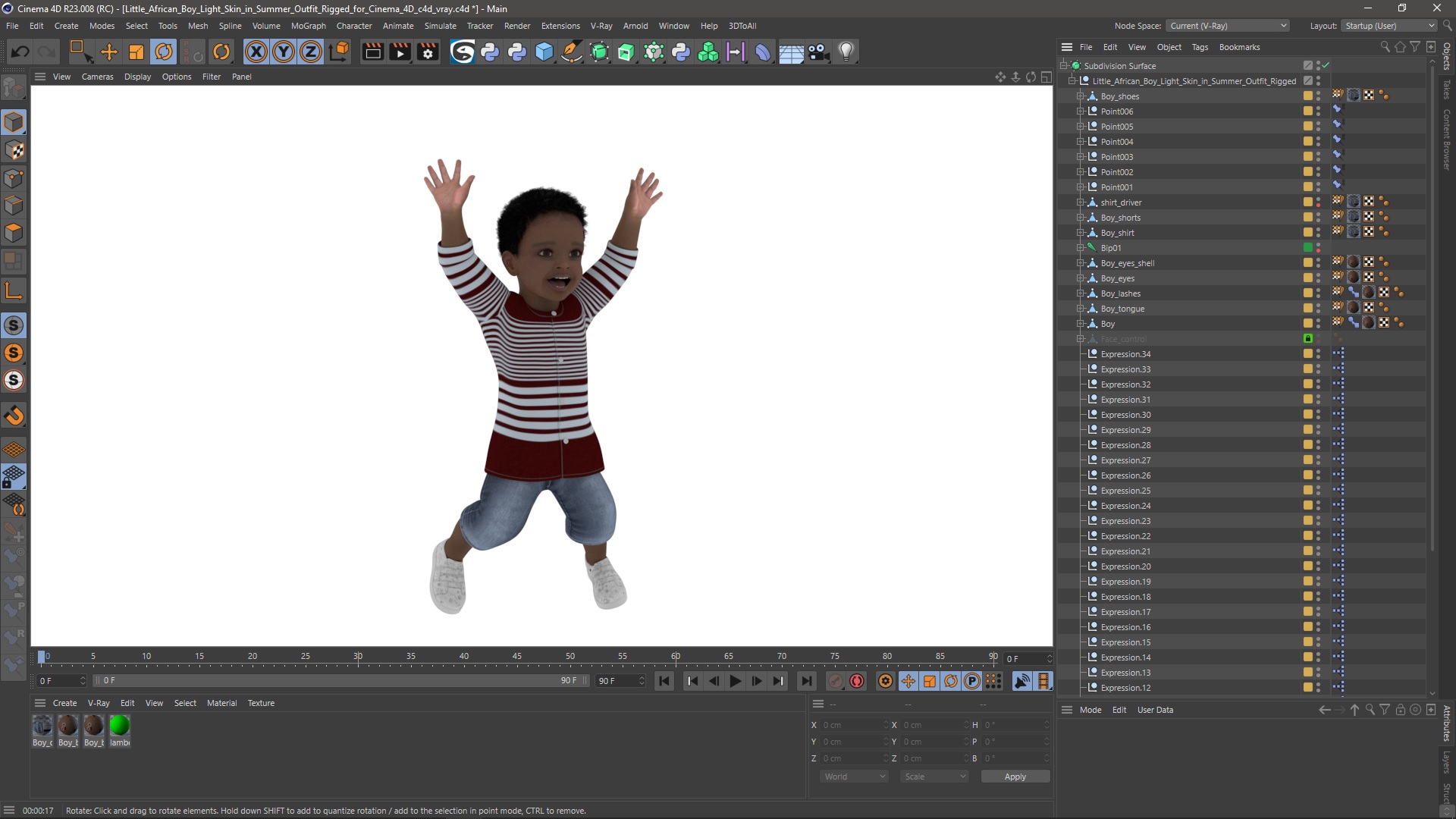 Little African Boy Light Skin in Summer Outfit Rigged for Cinema 4D 3D