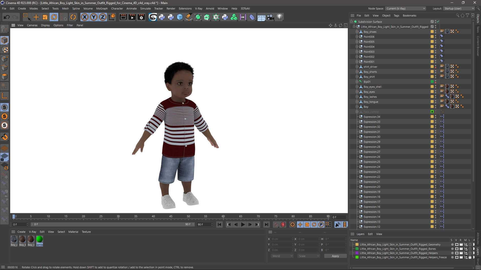 Little African Boy Light Skin in Summer Outfit Rigged for Cinema 4D 3D