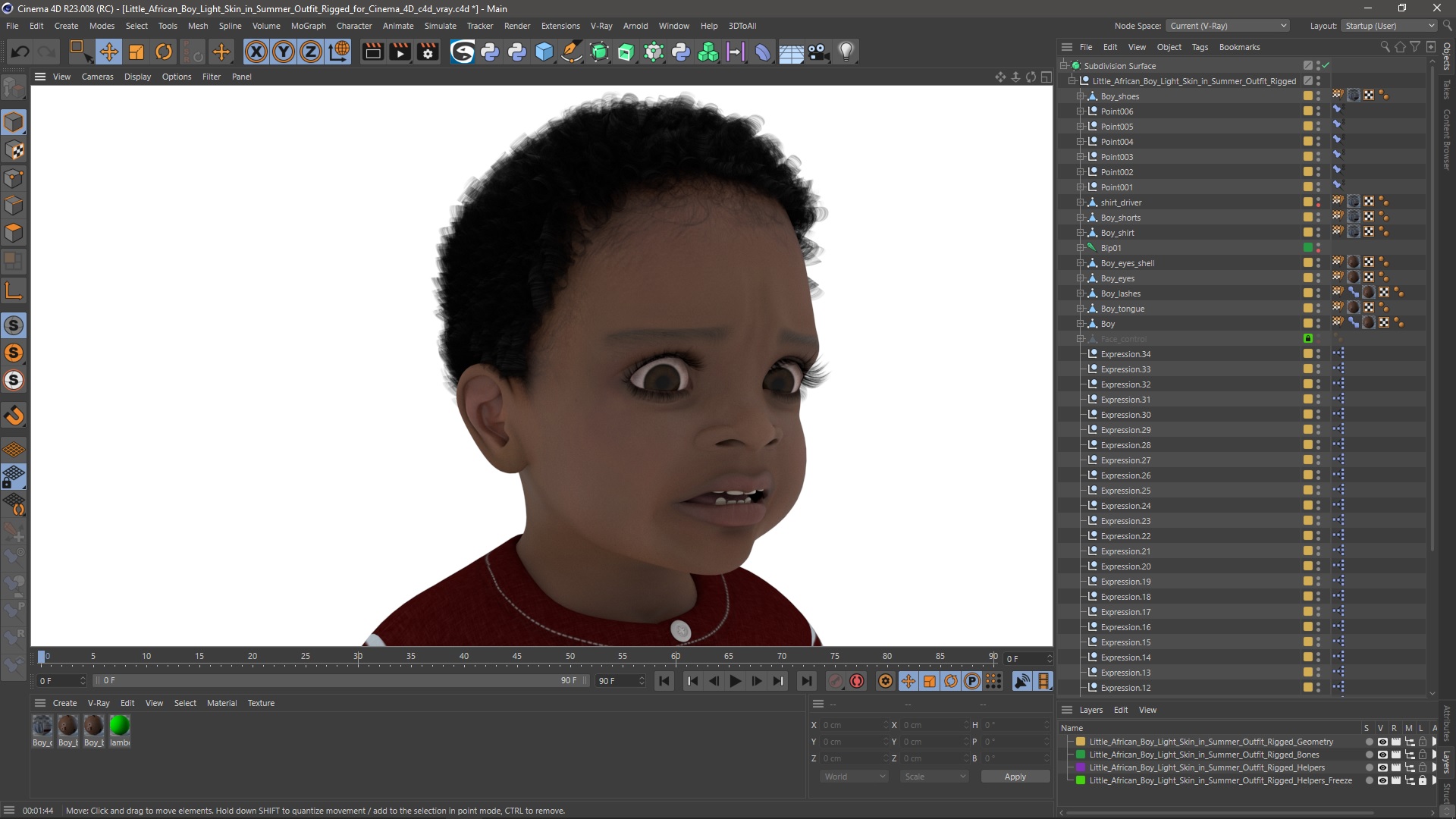 Little African Boy Light Skin in Summer Outfit Rigged for Cinema 4D 3D