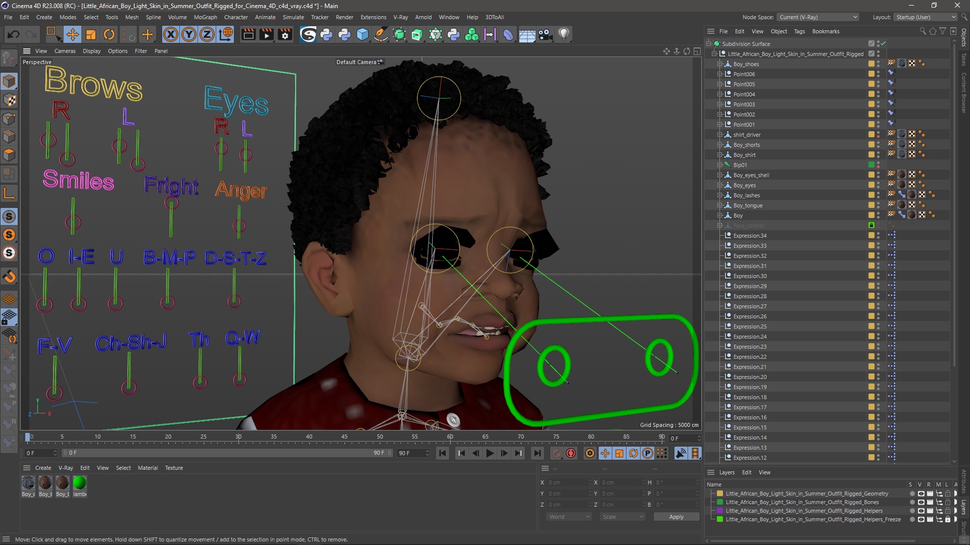 Little African Boy Light Skin in Summer Outfit Rigged for Cinema 4D 3D