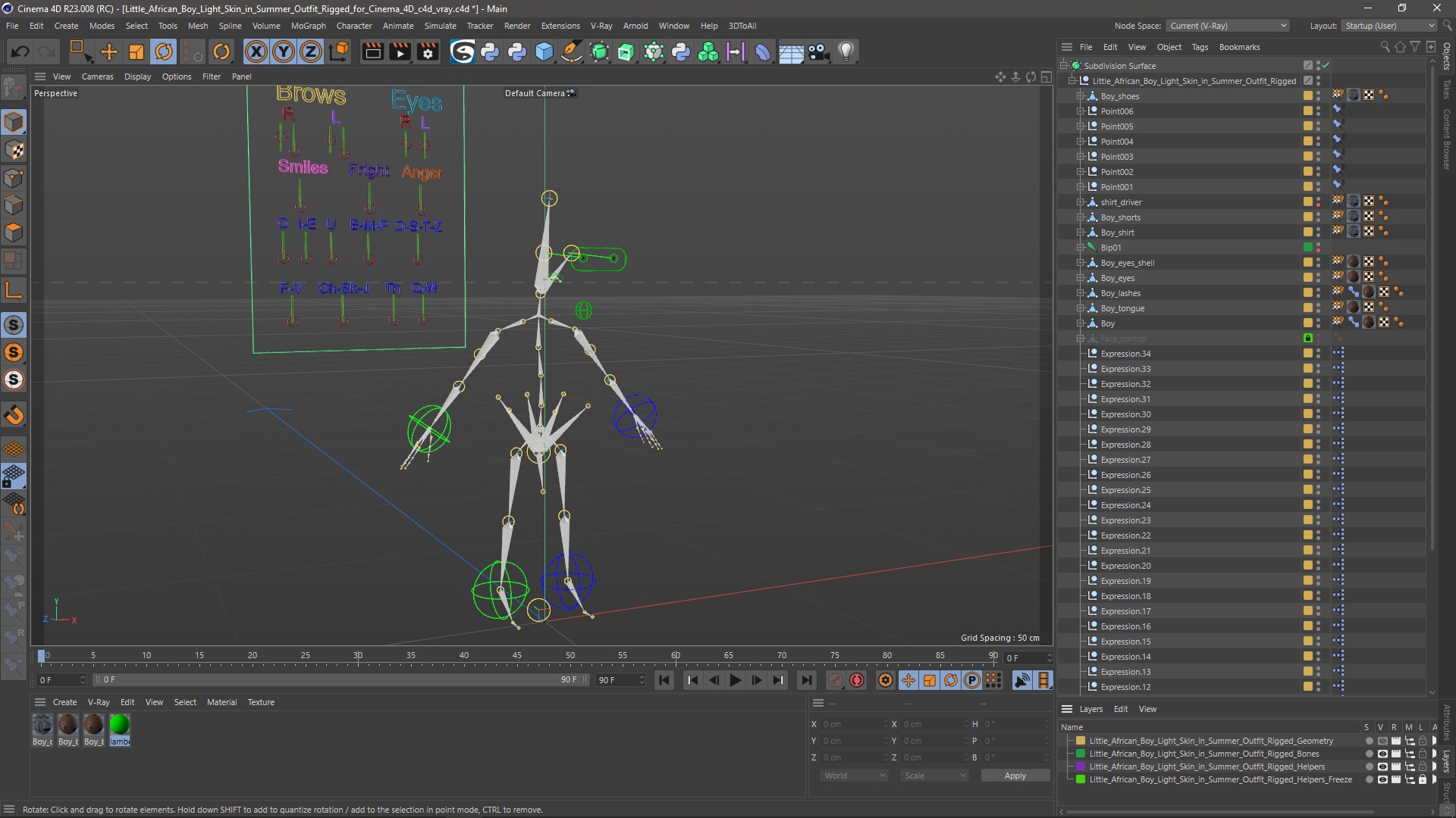 Little African Boy Light Skin in Summer Outfit Rigged for Cinema 4D 3D