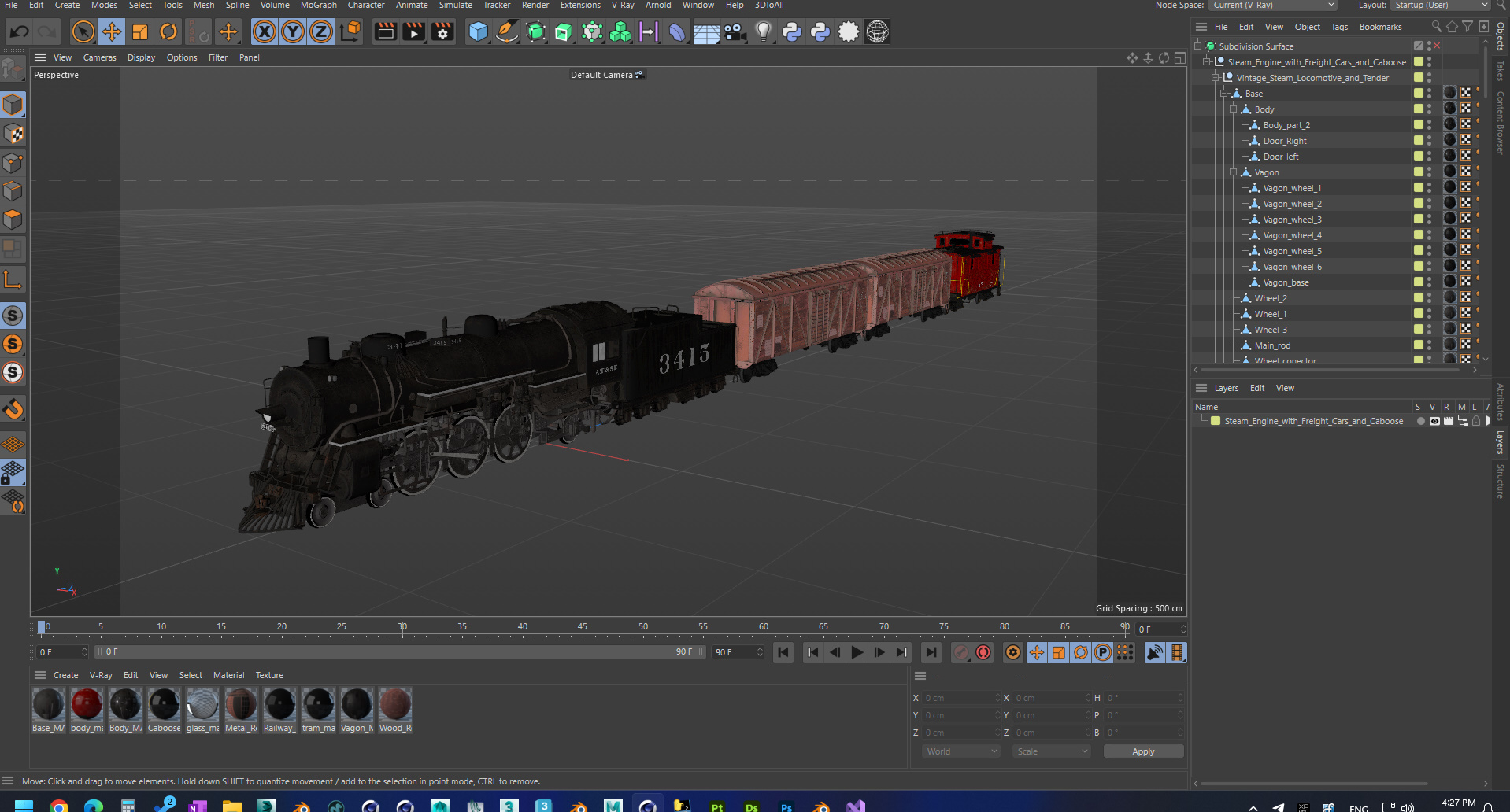 Steam Engine with Freight Cars and Caboose 3D
