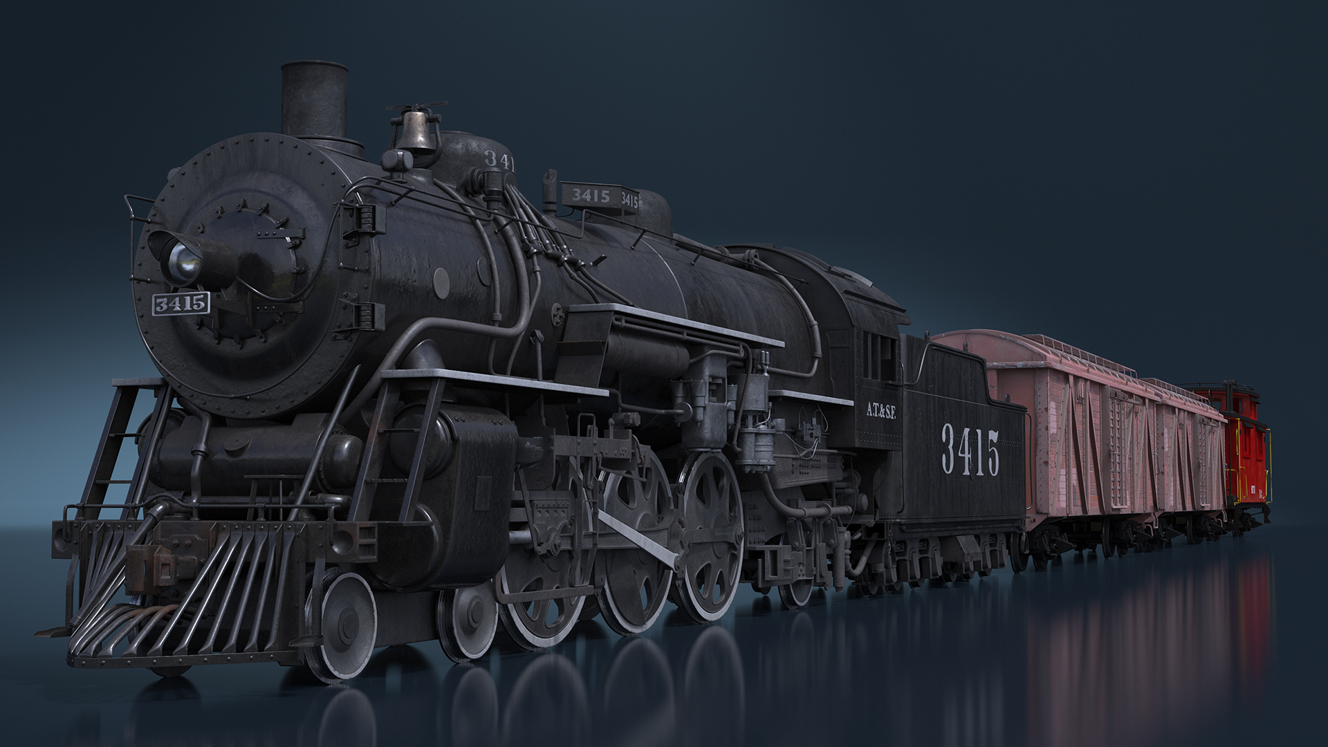Steam Engine with Freight Cars and Caboose 3D