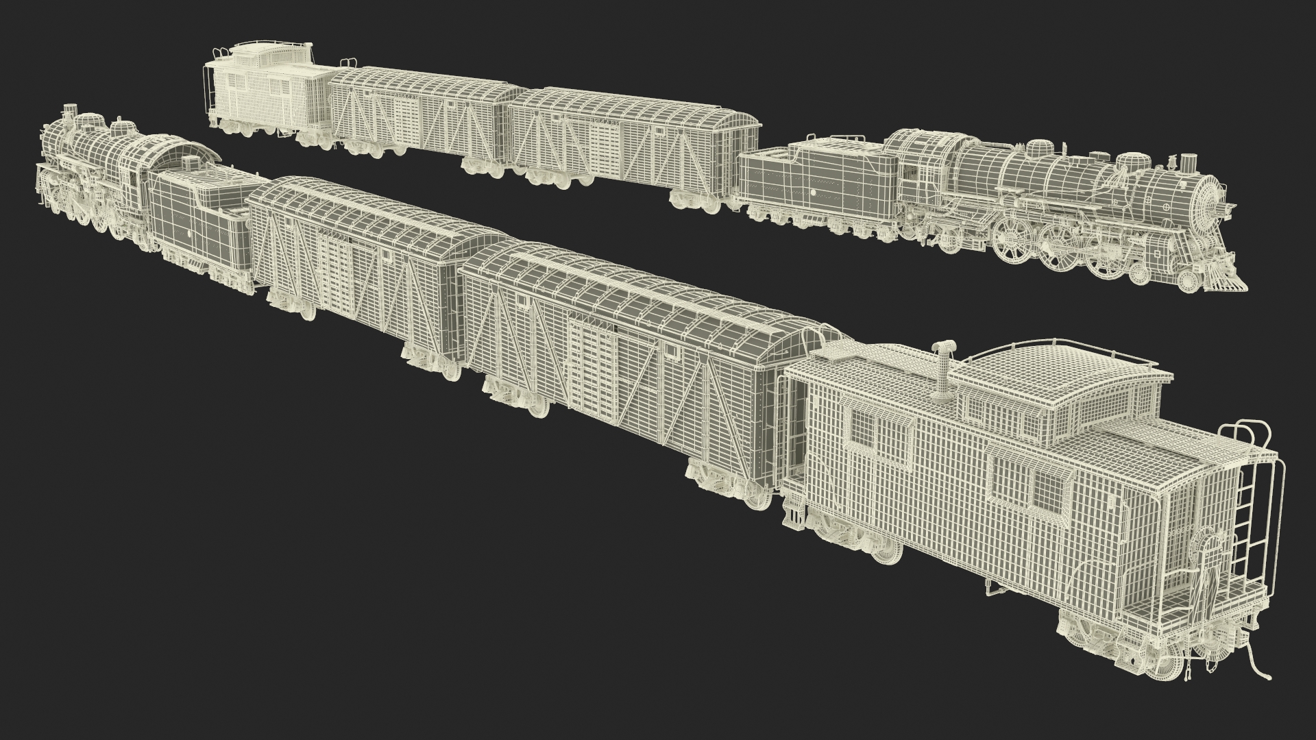 Steam Engine with Freight Cars and Caboose 3D