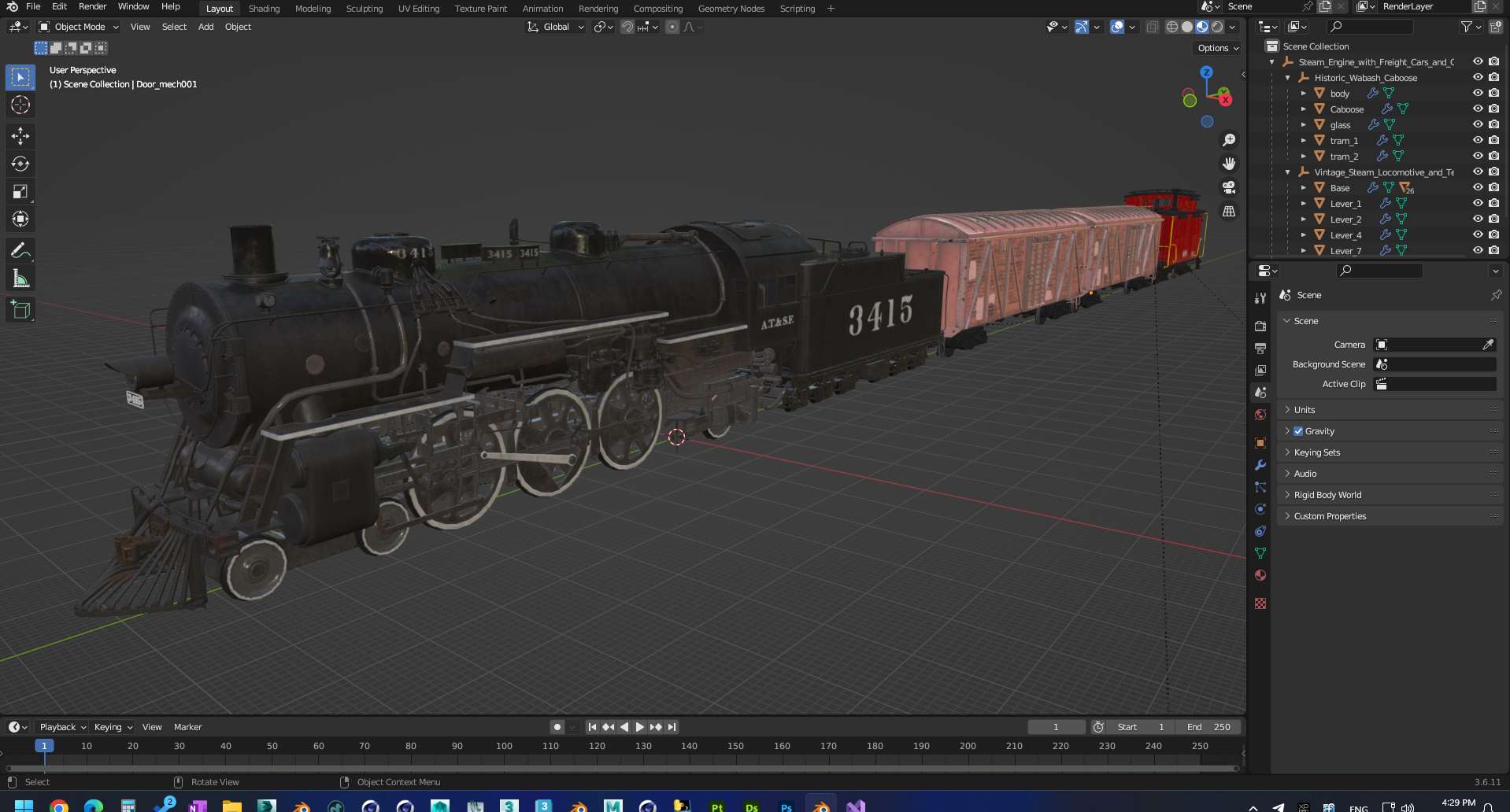 Steam Engine with Freight Cars and Caboose 3D