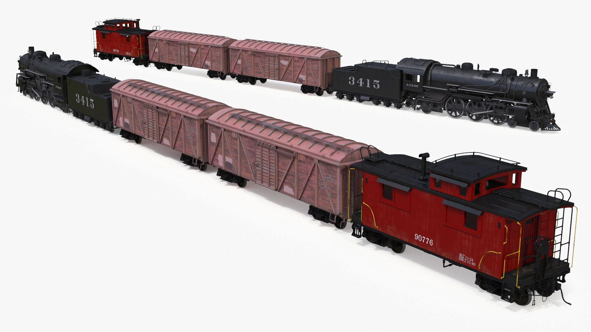 Steam Engine with Freight Cars and Caboose 3D