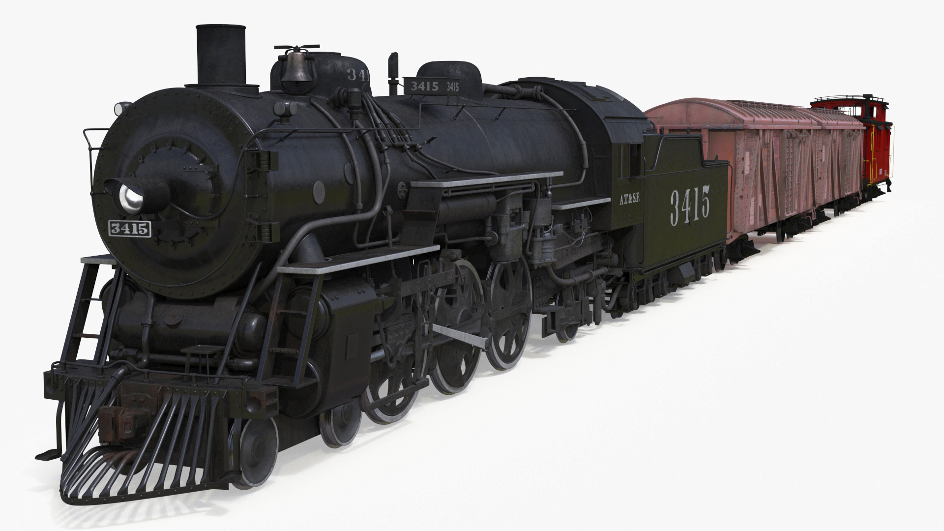 Steam Engine with Freight Cars and Caboose 3D