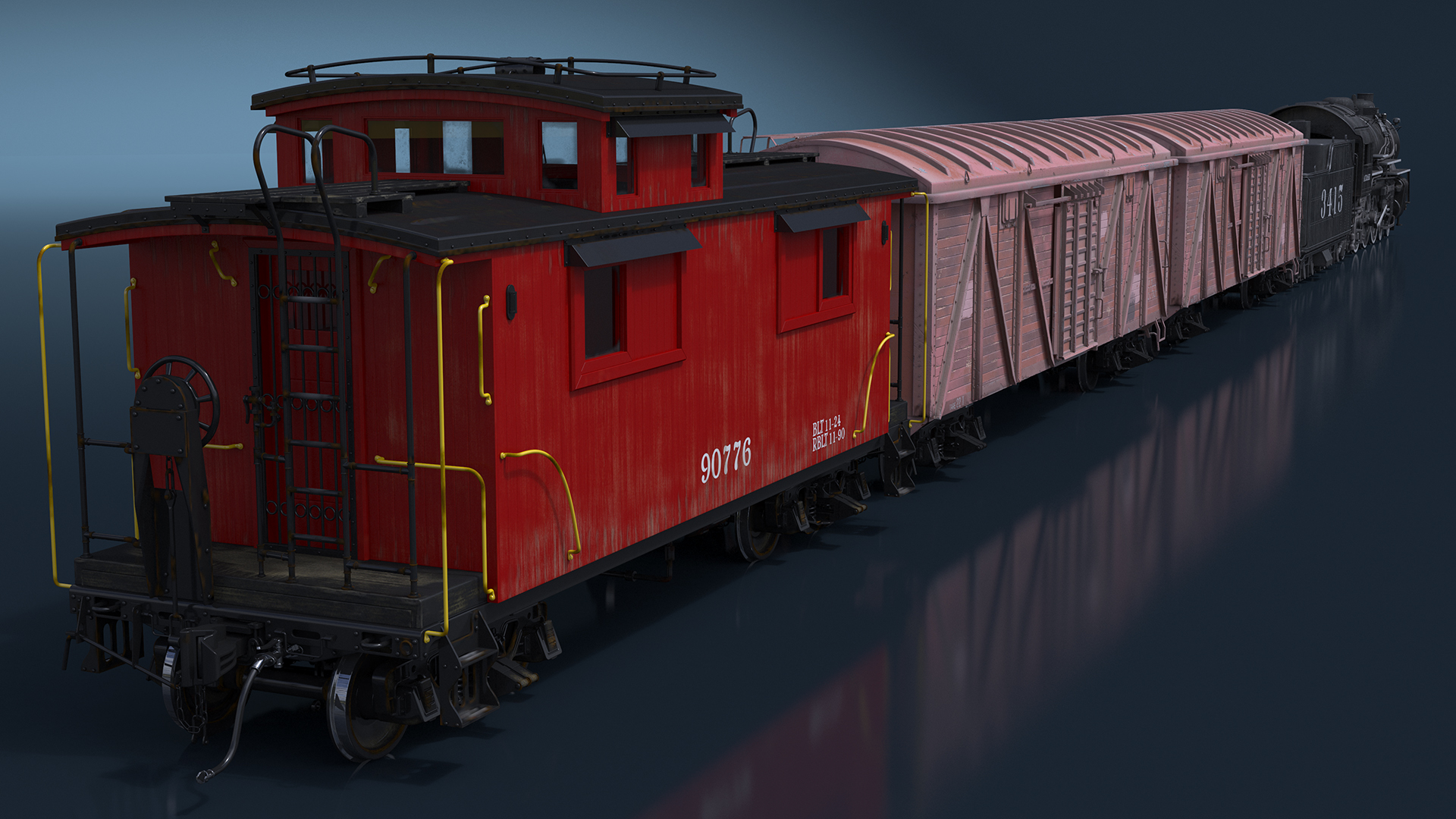 Steam Engine with Freight Cars and Caboose 3D