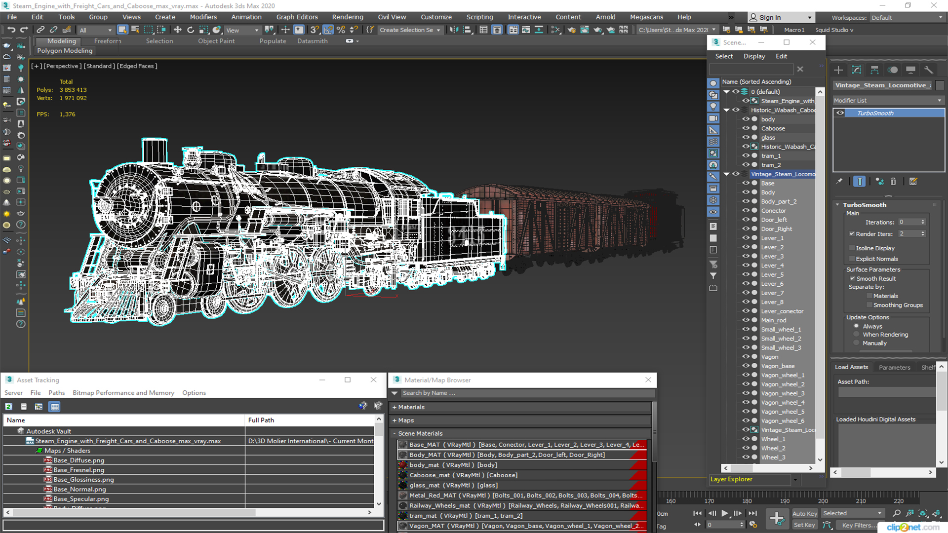 Steam Engine with Freight Cars and Caboose 3D