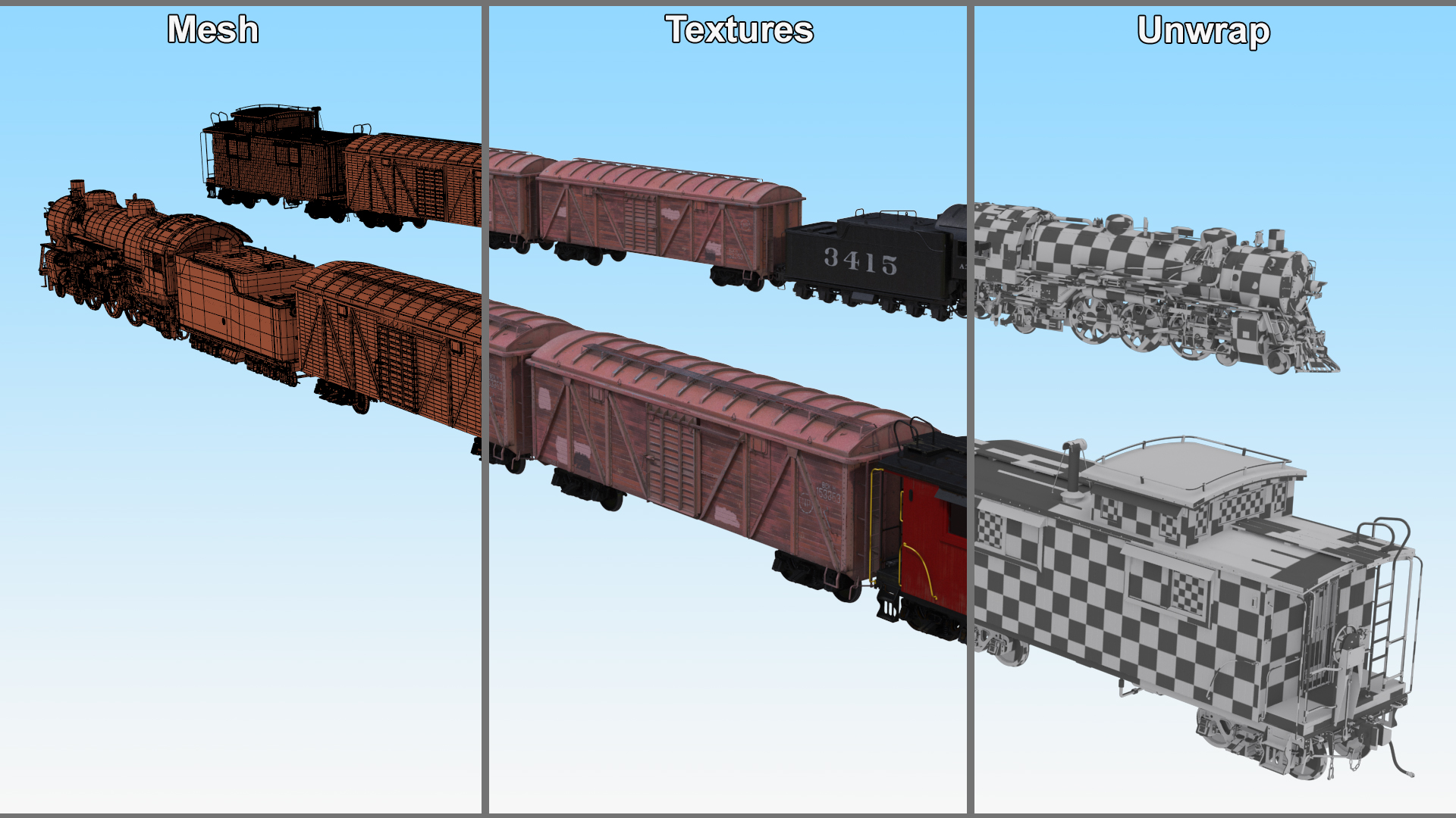 Steam Engine with Freight Cars and Caboose 3D