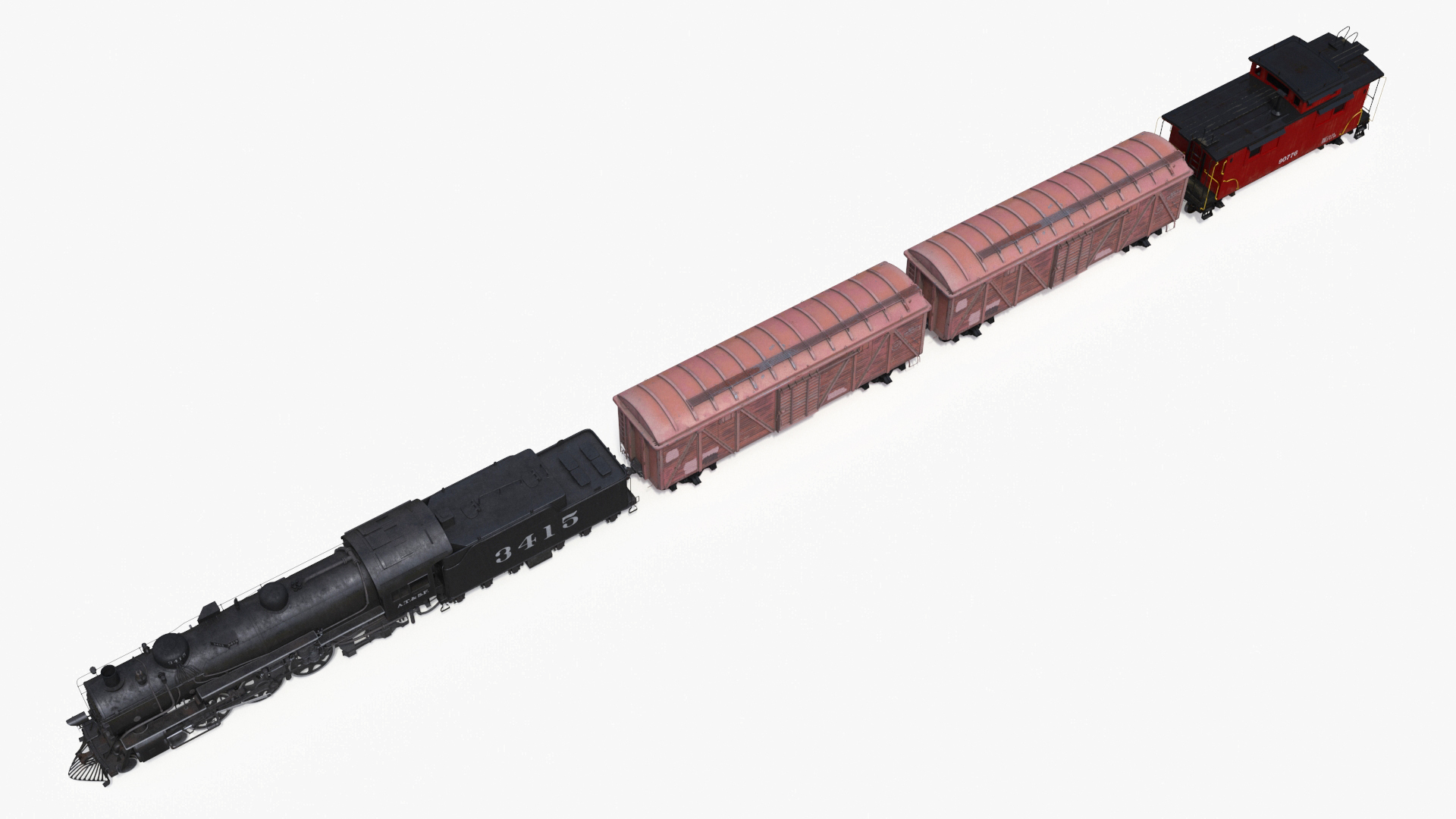 Steam Engine with Freight Cars and Caboose 3D