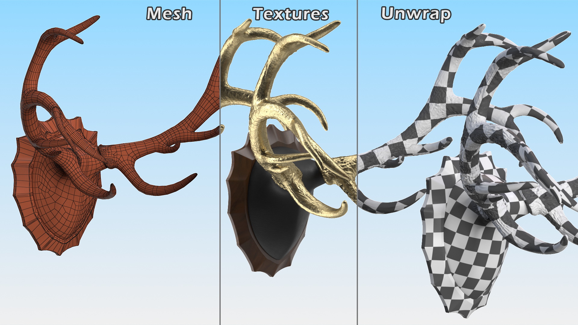 3D model Stag Antlers on a Wall Mount Gold Plated