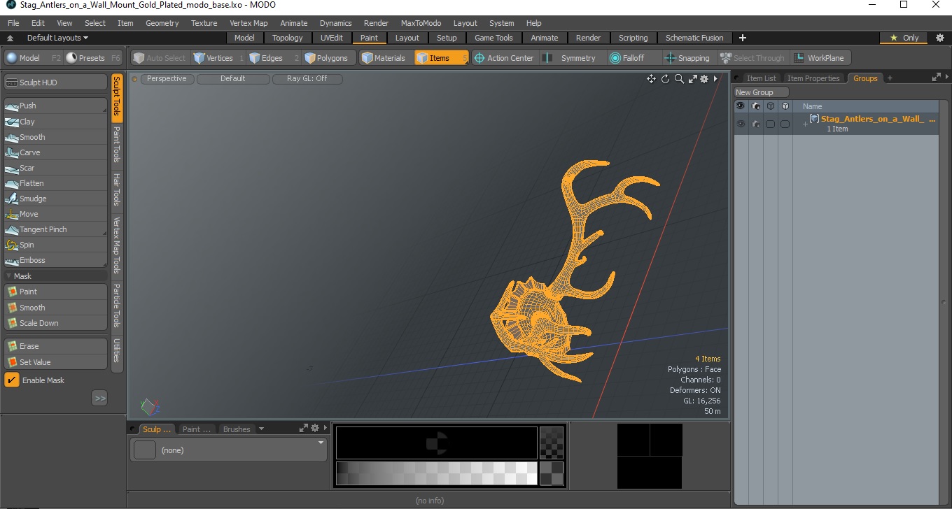 3D model Stag Antlers on a Wall Mount Gold Plated
