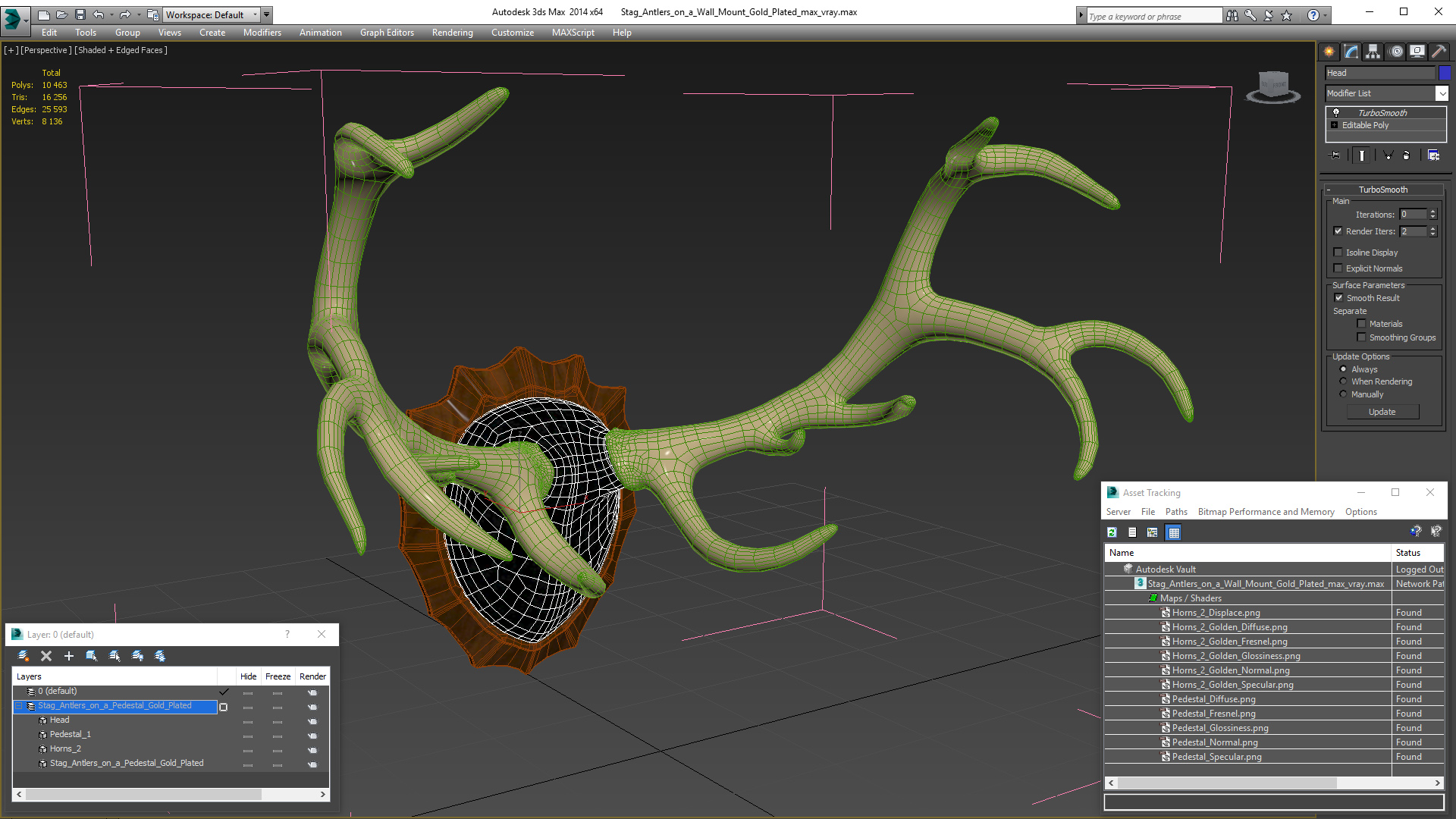 3D model Stag Antlers on a Wall Mount Gold Plated
