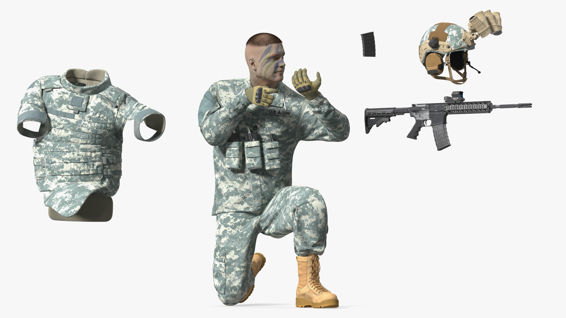 Soldier in Grey Camo with Night Vision Aiming Fur 3D model