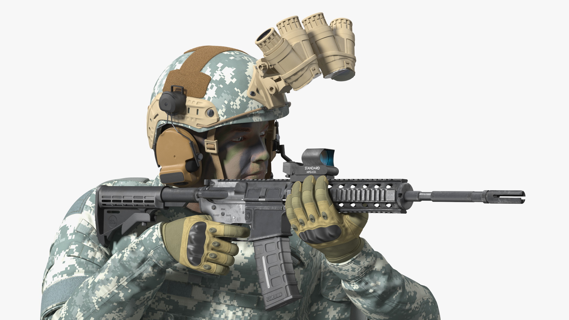 Soldier in Grey Camo with Night Vision Aiming Fur 3D model