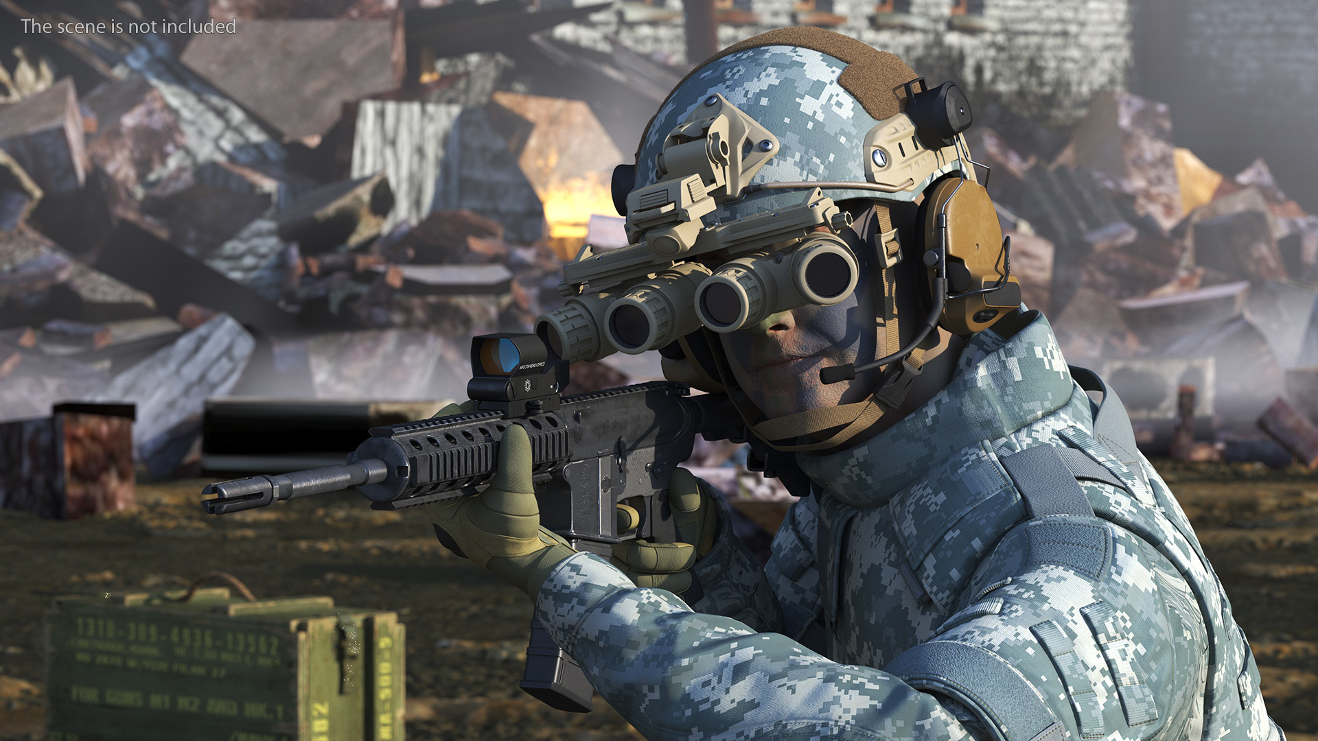 Soldier in Grey Camo with Night Vision Aiming Fur 3D model