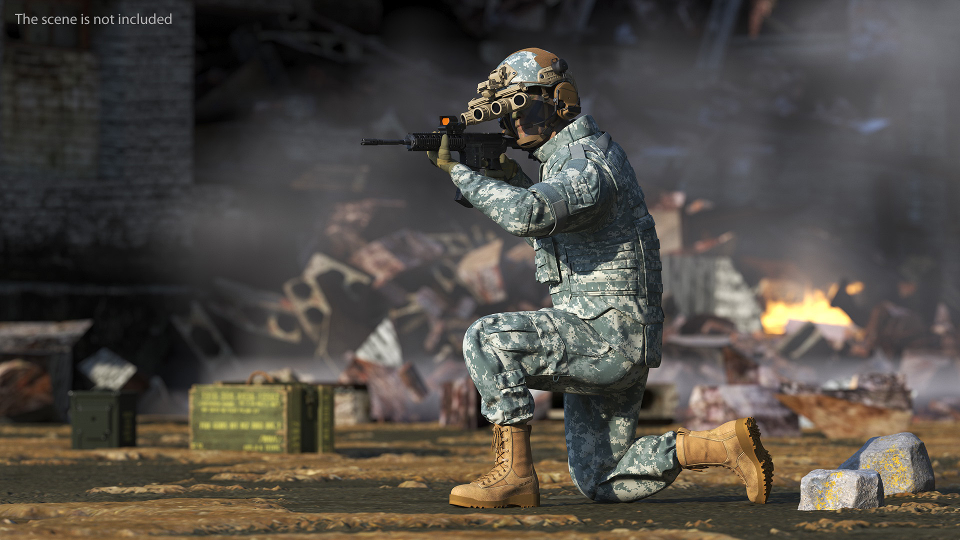 Soldier in Grey Camo with Night Vision Aiming Fur 3D model