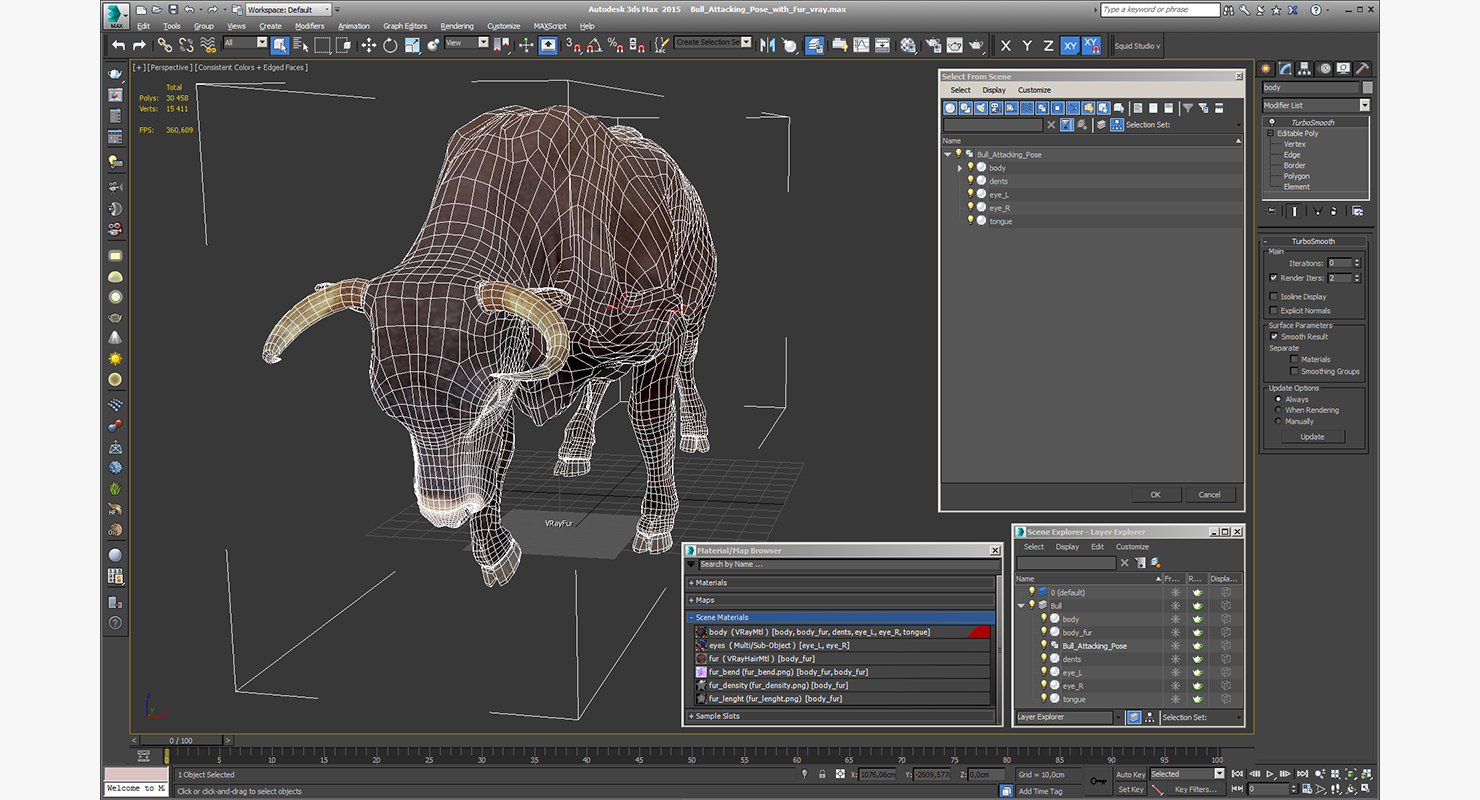3D Bull Attacking Pose with Fur model