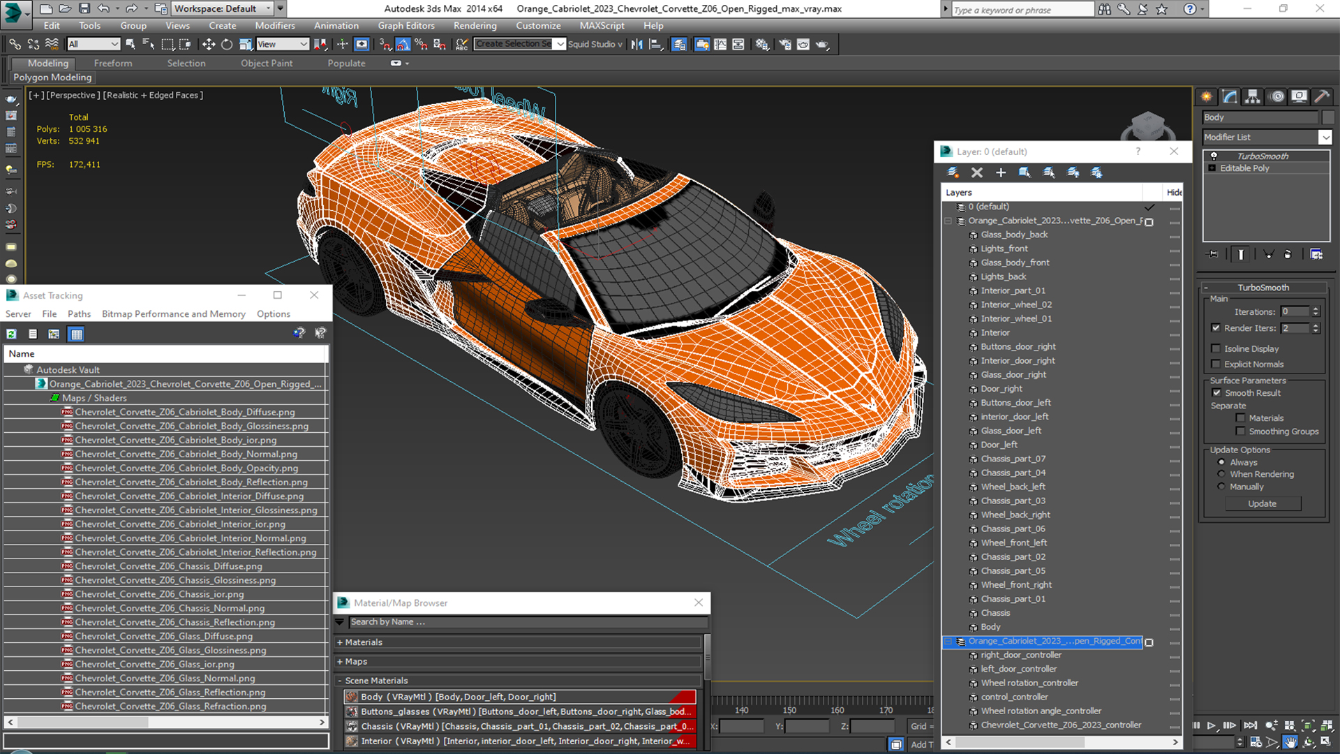 3D Orange Cabriolet 2023 Chevrolet Corvette Z06 Open Rigged