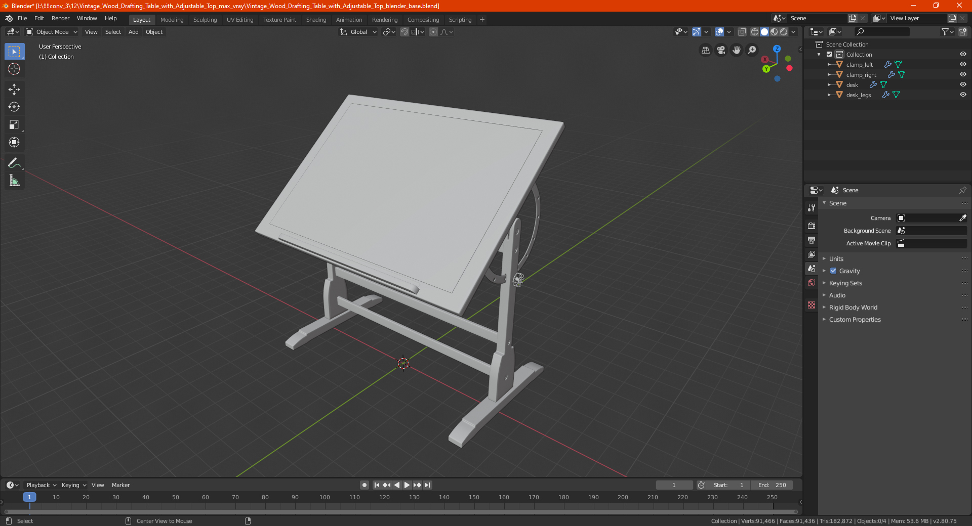 Vintage Wood Drafting Table with Adjustable Top 3D