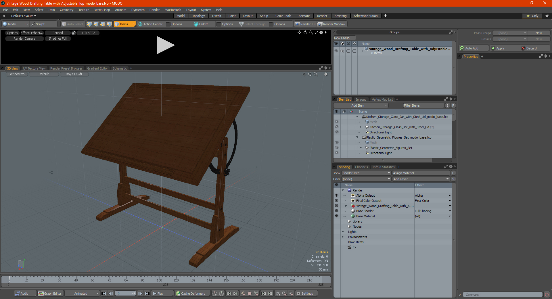 Vintage Wood Drafting Table with Adjustable Top 3D