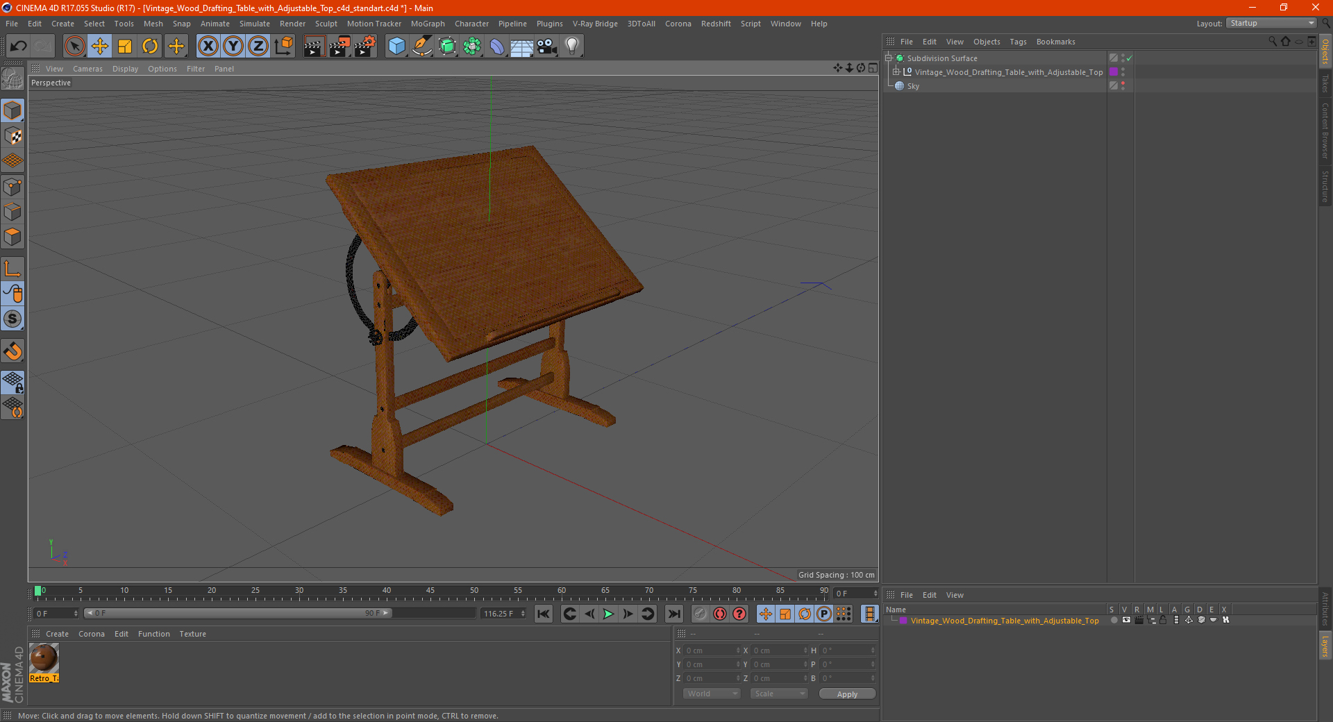 Vintage Wood Drafting Table with Adjustable Top 3D