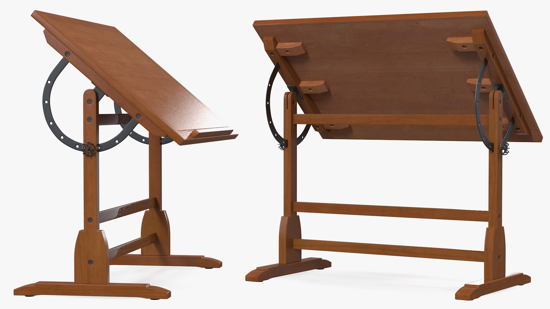 Vintage Wood Drafting Table with Adjustable Top 3D