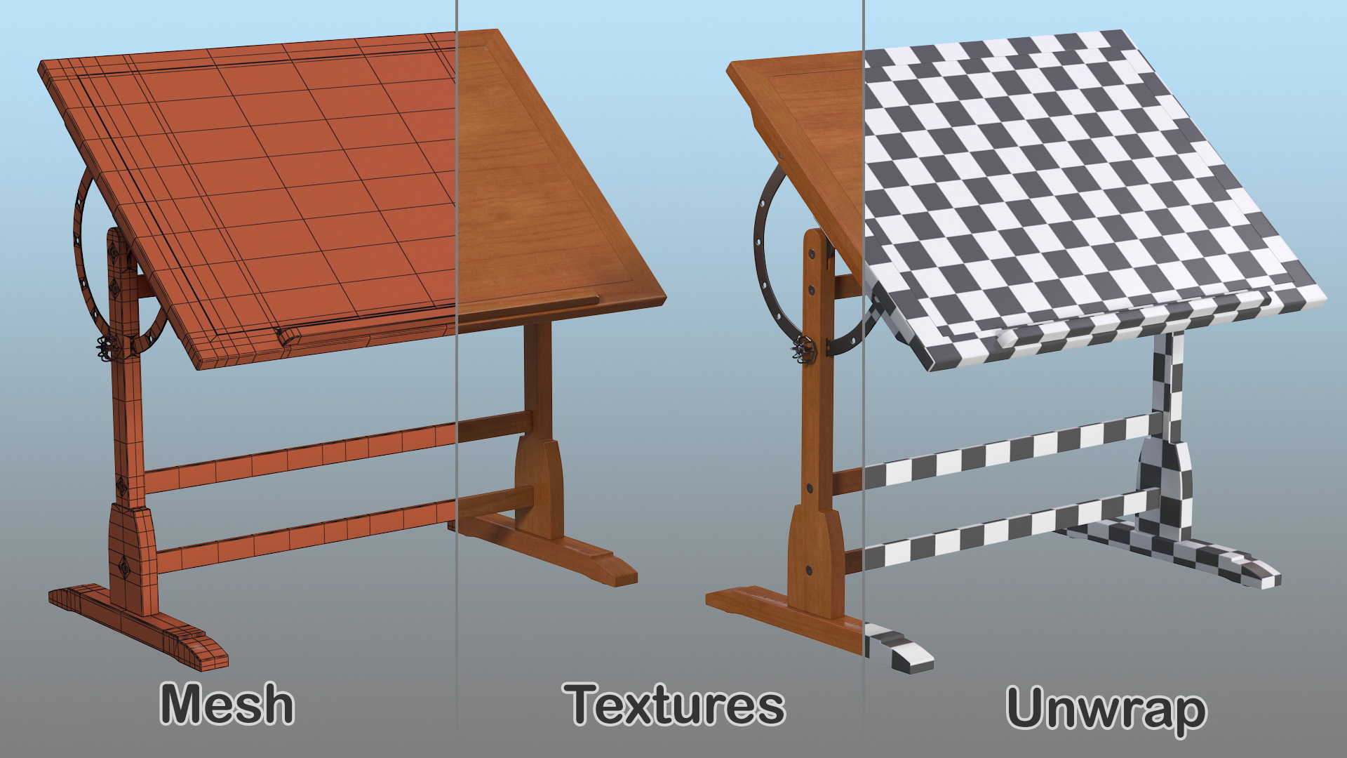 Vintage Wood Drafting Table with Adjustable Top 3D