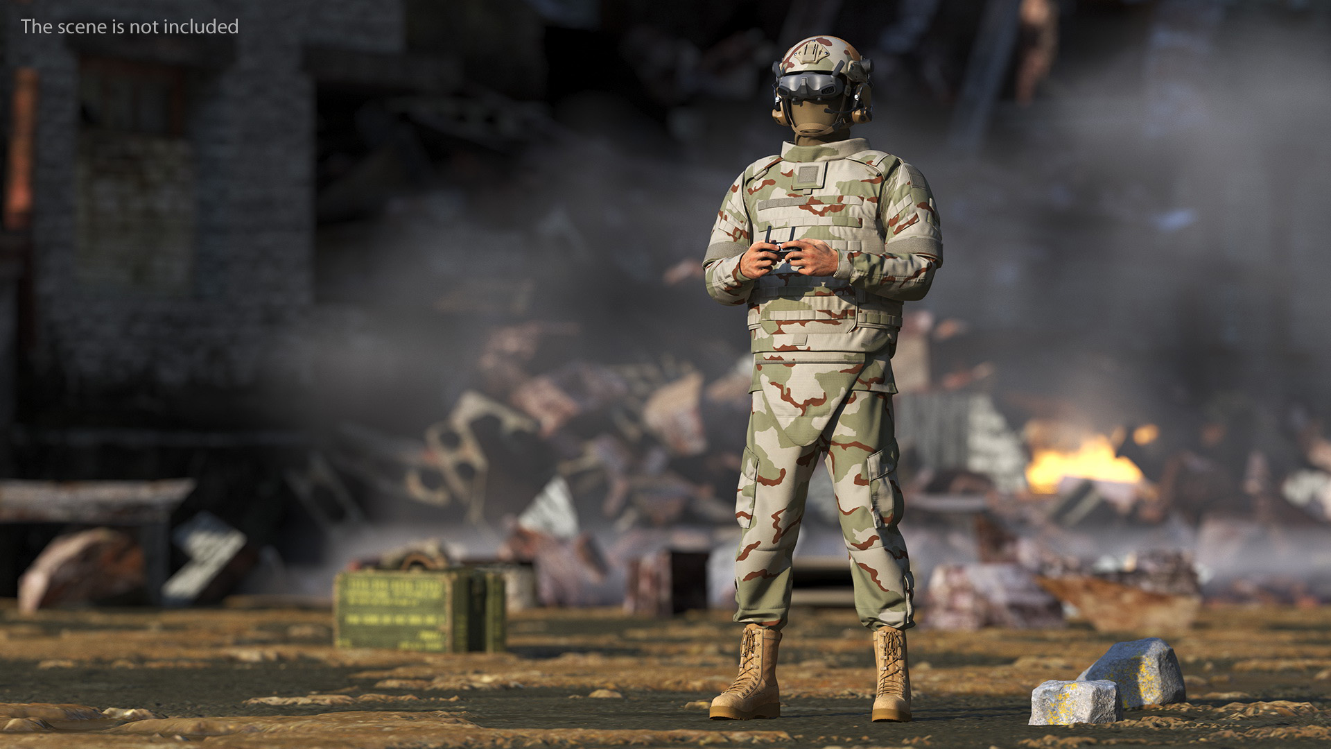 FPV Drone Operator in Desert Camouflage with Remote Control in Hands Fur 3D