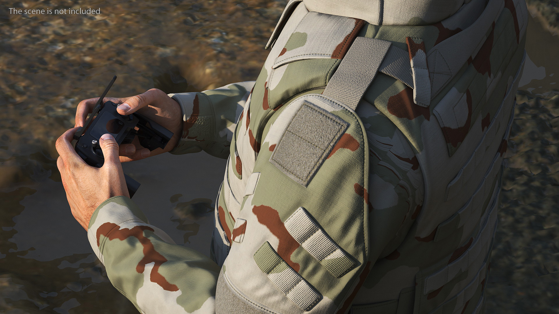 FPV Drone Operator in Desert Camouflage with Remote Control in Hands Fur 3D
