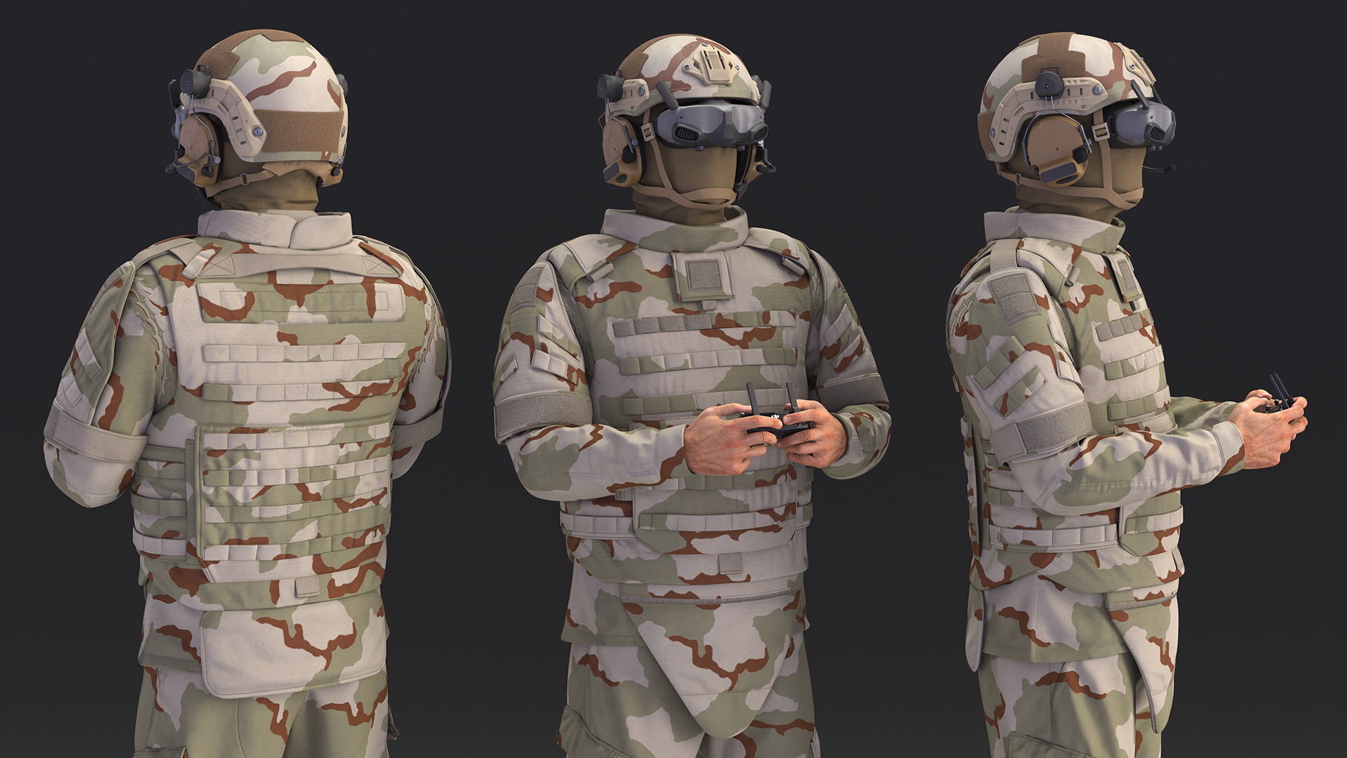 FPV Drone Operator in Desert Camouflage with Remote Control in Hands Fur 3D