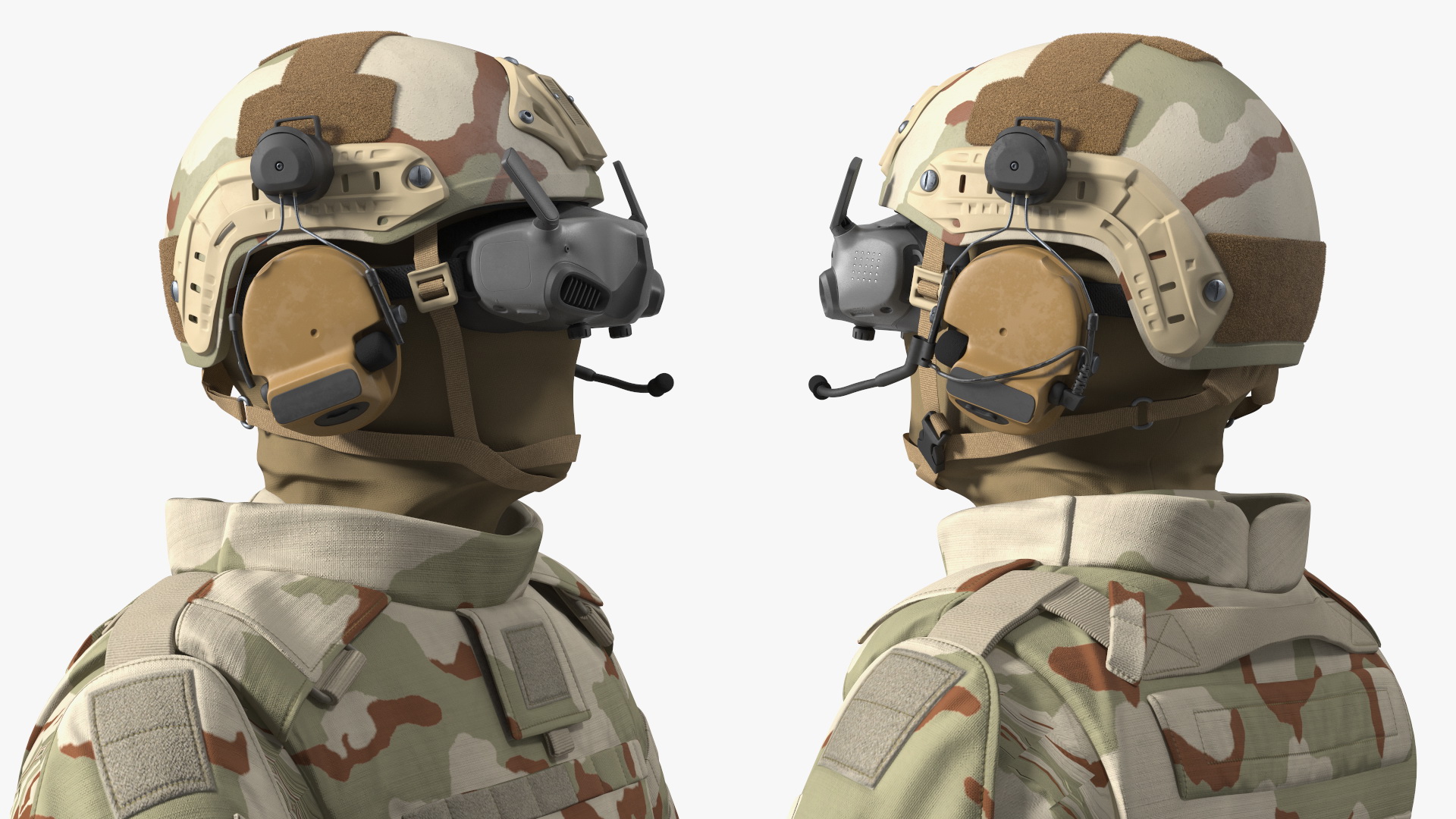 FPV Drone Operator in Desert Camouflage with Remote Control in Hands Fur 3D