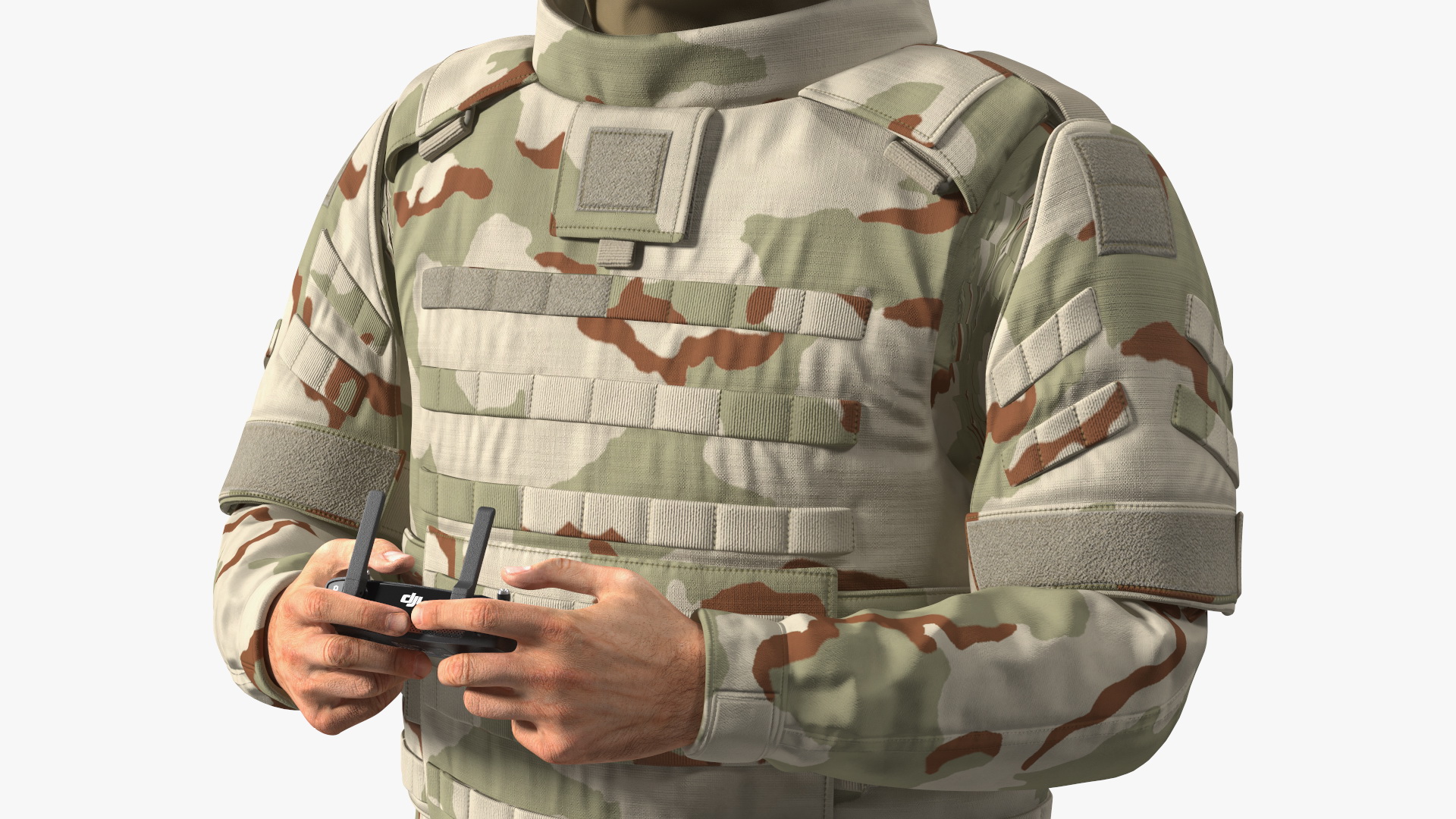 FPV Drone Operator in Desert Camouflage with Remote Control in Hands Fur 3D