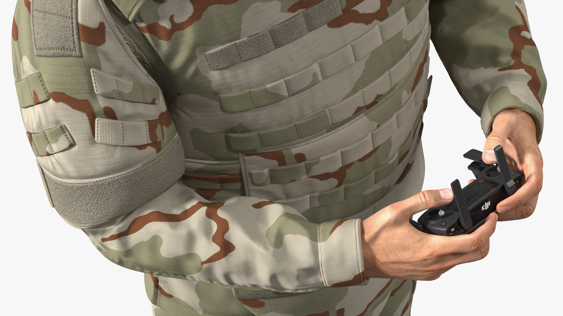 FPV Drone Operator in Desert Camouflage with Remote Control in Hands Fur 3D