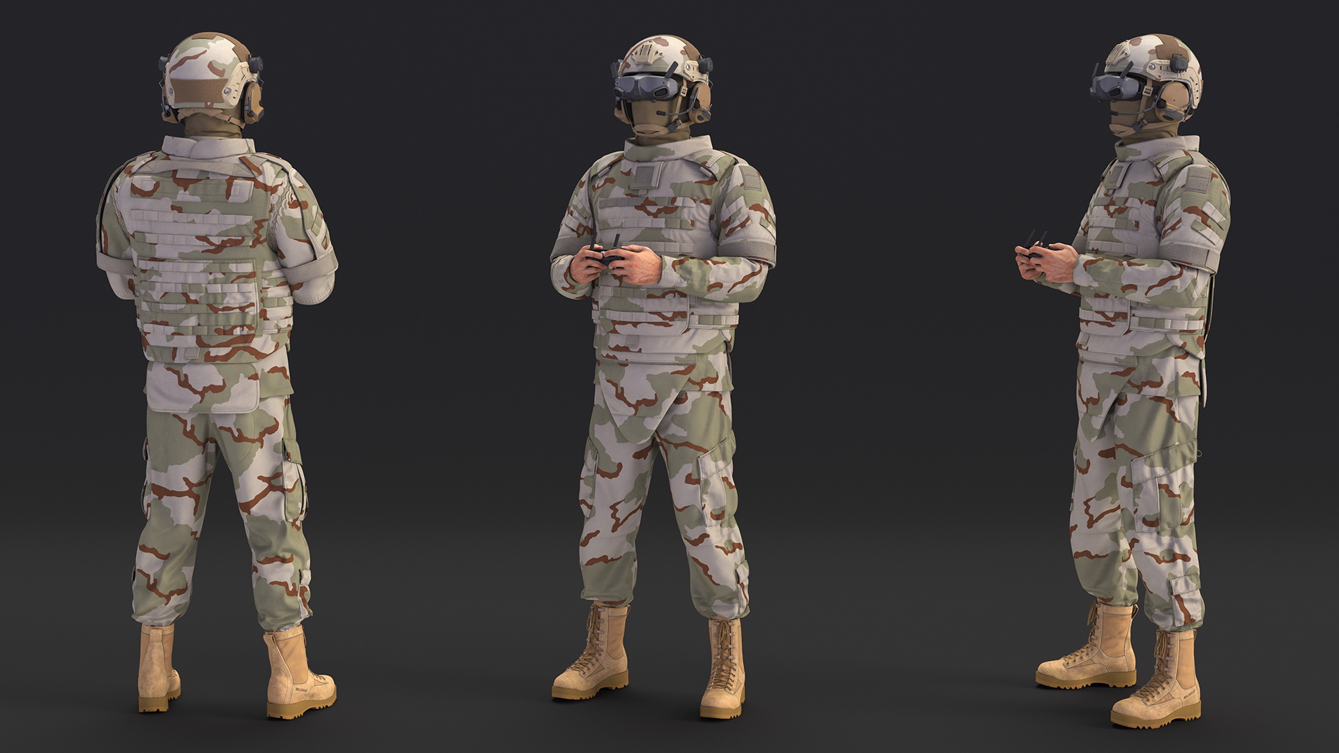 FPV Drone Operator in Desert Camouflage with Remote Control in Hands Fur 3D