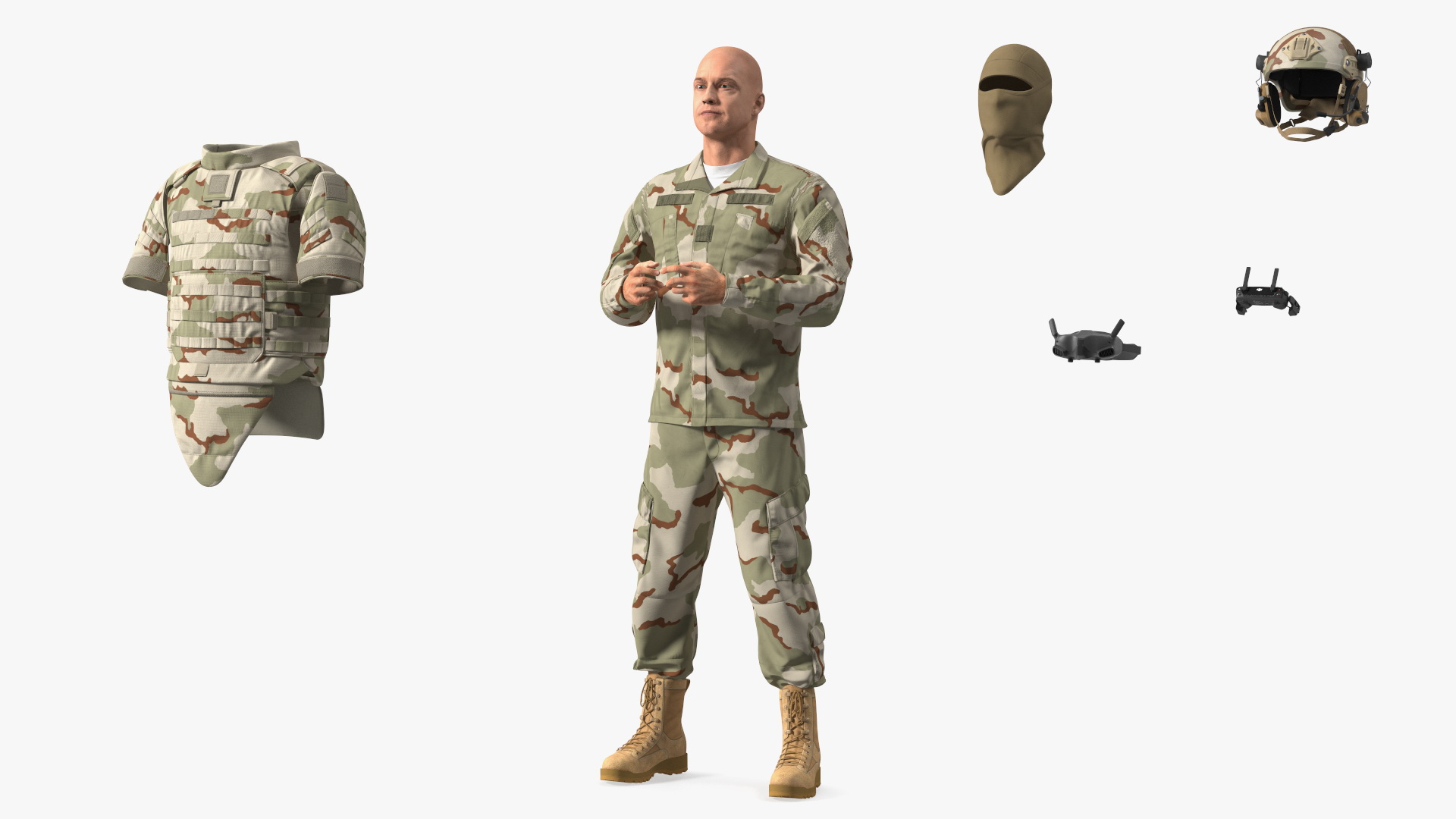 FPV Drone Operator in Desert Camouflage with Remote Control in Hands Fur 3D