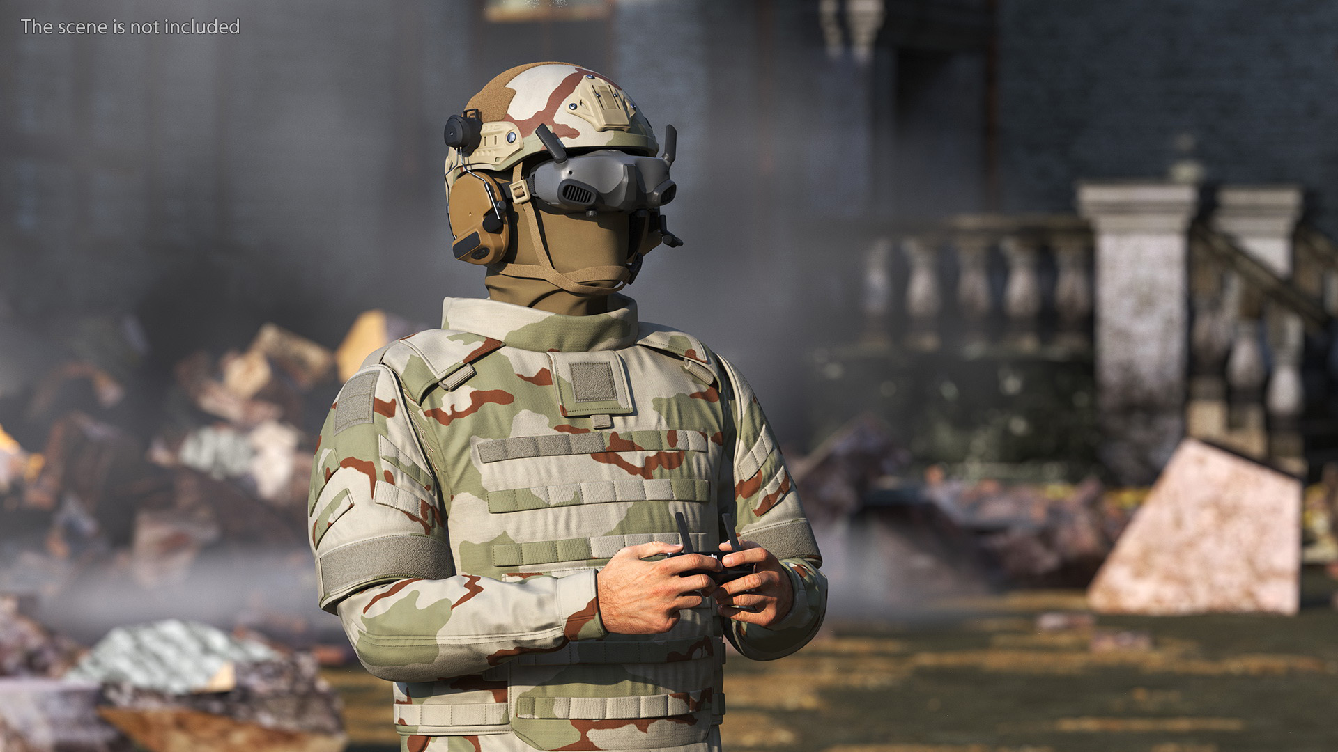 FPV Drone Operator in Desert Camouflage with Remote Control in Hands Fur 3D