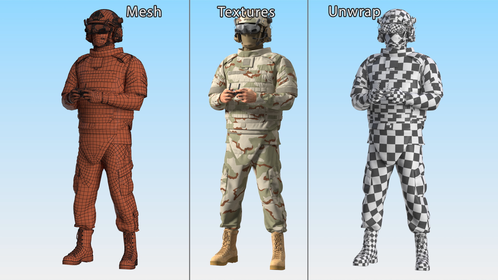 FPV Drone Operator in Desert Camouflage with Remote Control in Hands Fur 3D