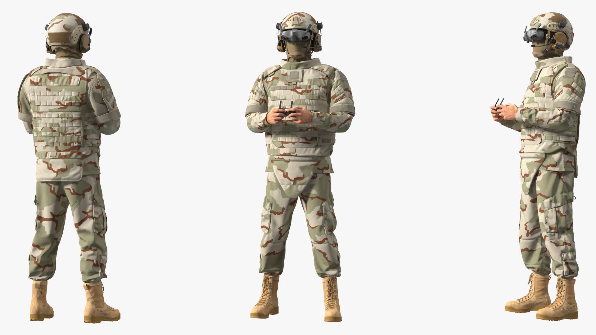 FPV Drone Operator in Desert Camouflage with Remote Control in Hands Fur 3D