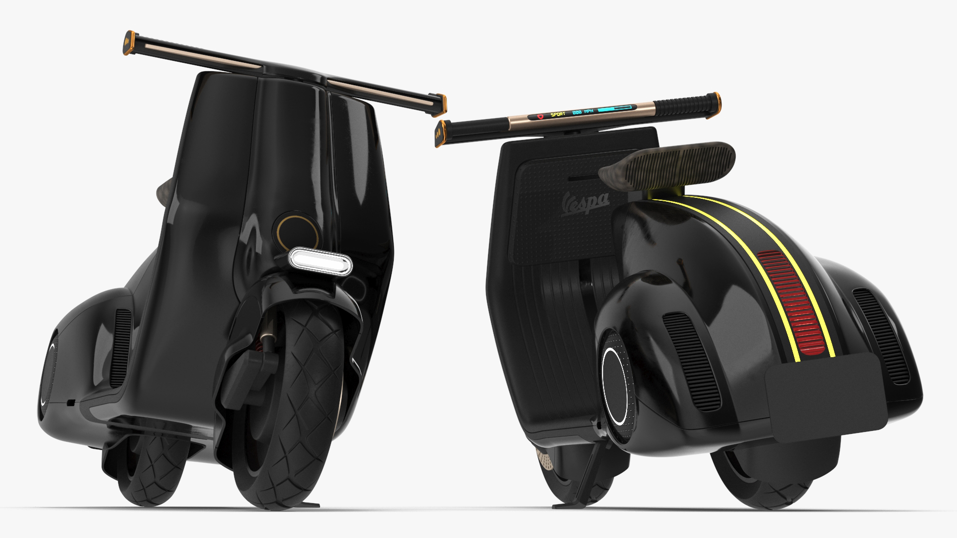 3D Designer Black Electric Scooter Parked Lights On model