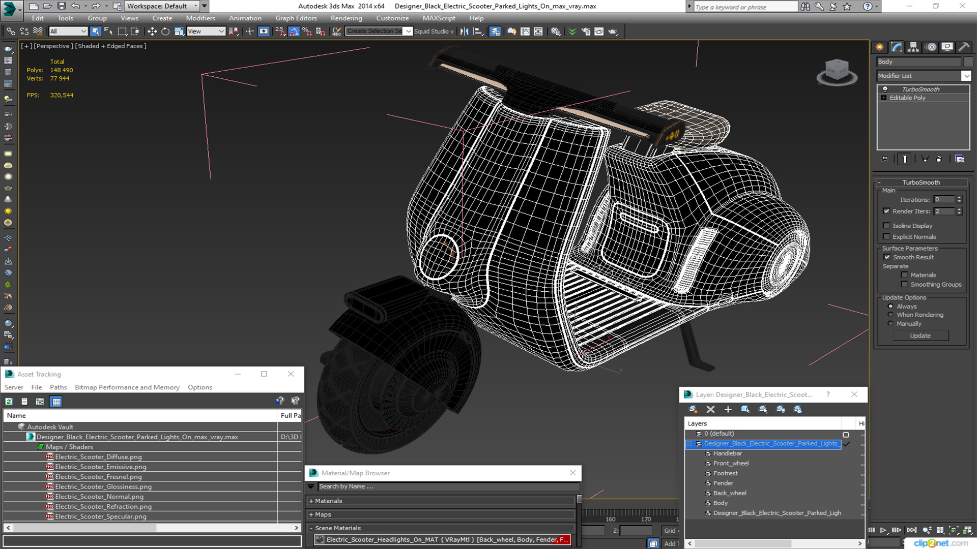 3D Designer Black Electric Scooter Parked Lights On model