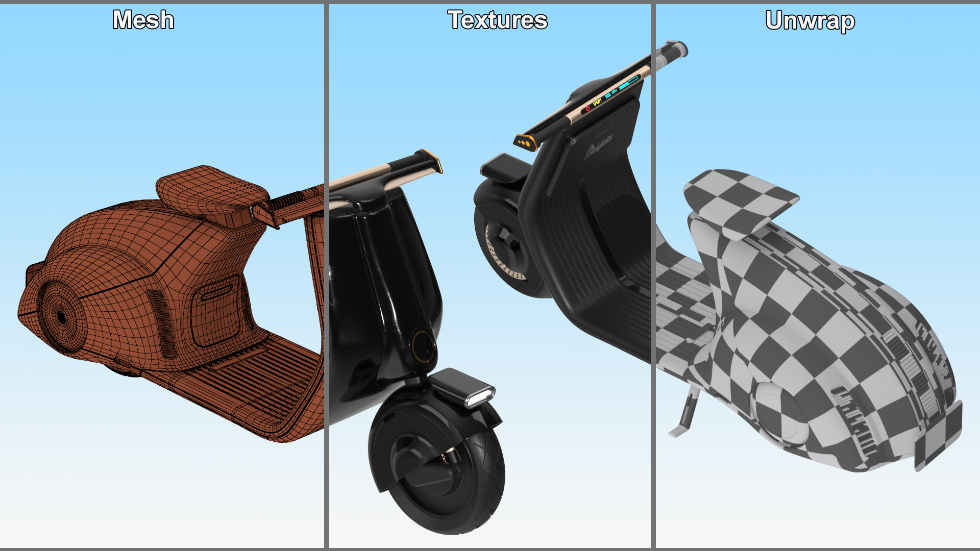 3D Designer Black Electric Scooter Parked Lights On model