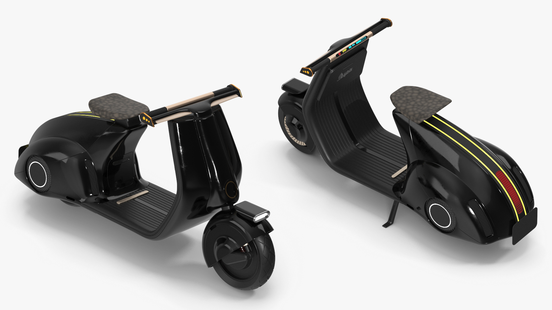3D Designer Black Electric Scooter Parked Lights On model